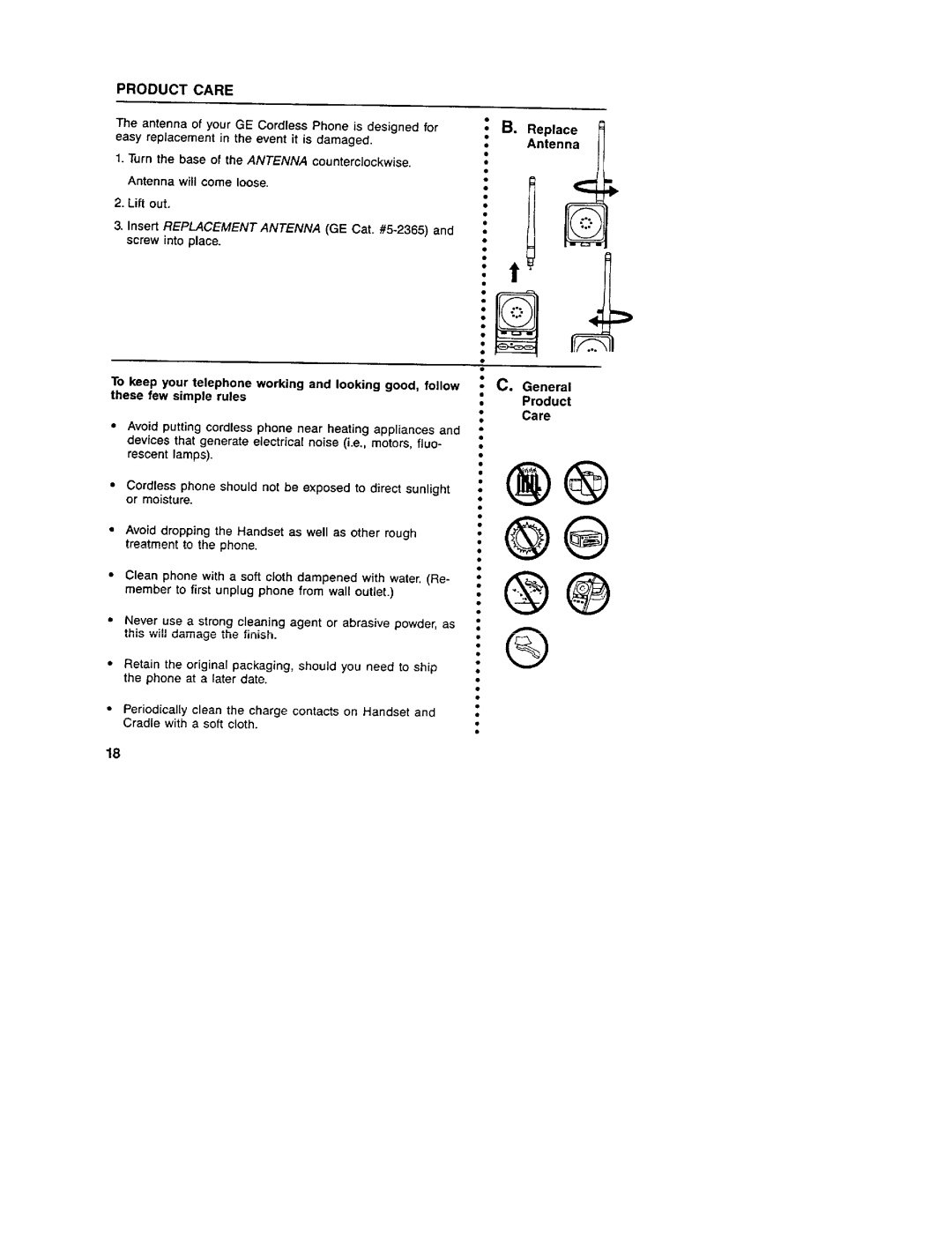 GE 2-9730 manual Antenna, General Product Care 