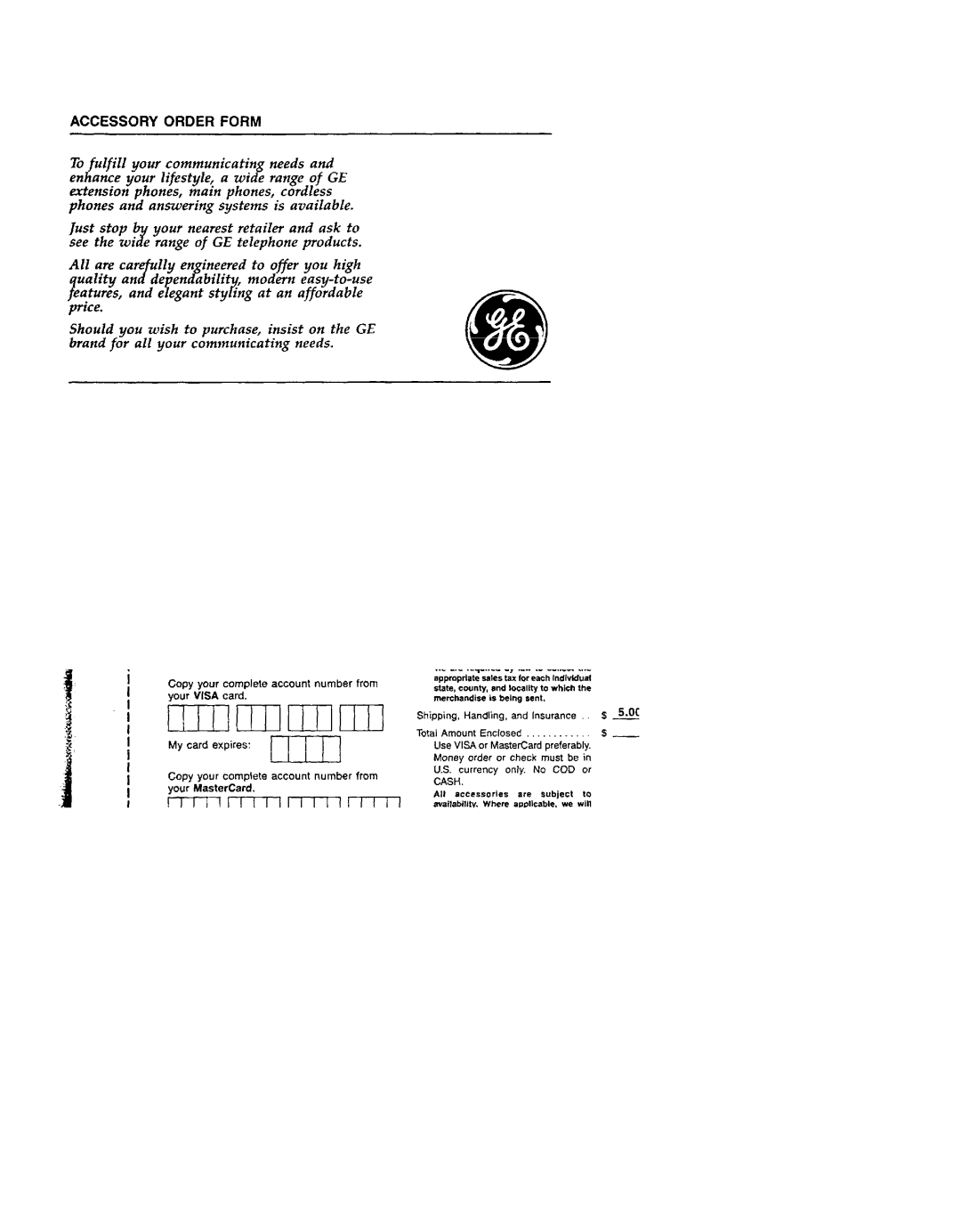 GE 2-9730 manual Accessory Order Form 