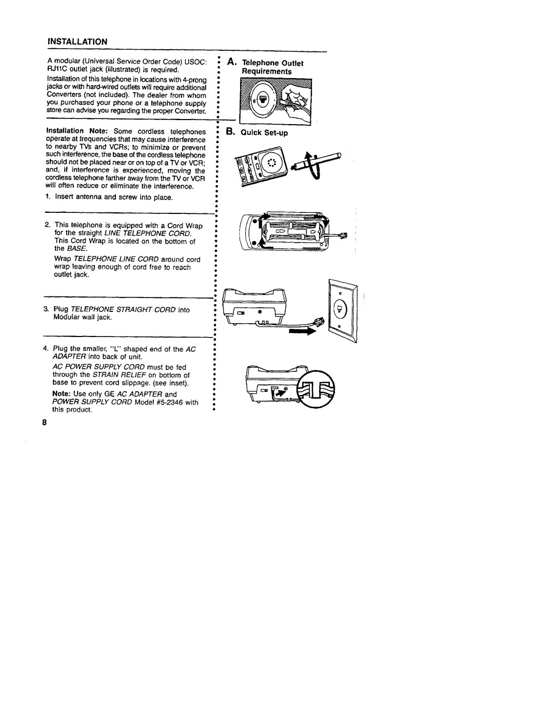 GE 2-9730 manual Installation, Telephone Outlet Requirements Quick Set-up, Modular wall jack 