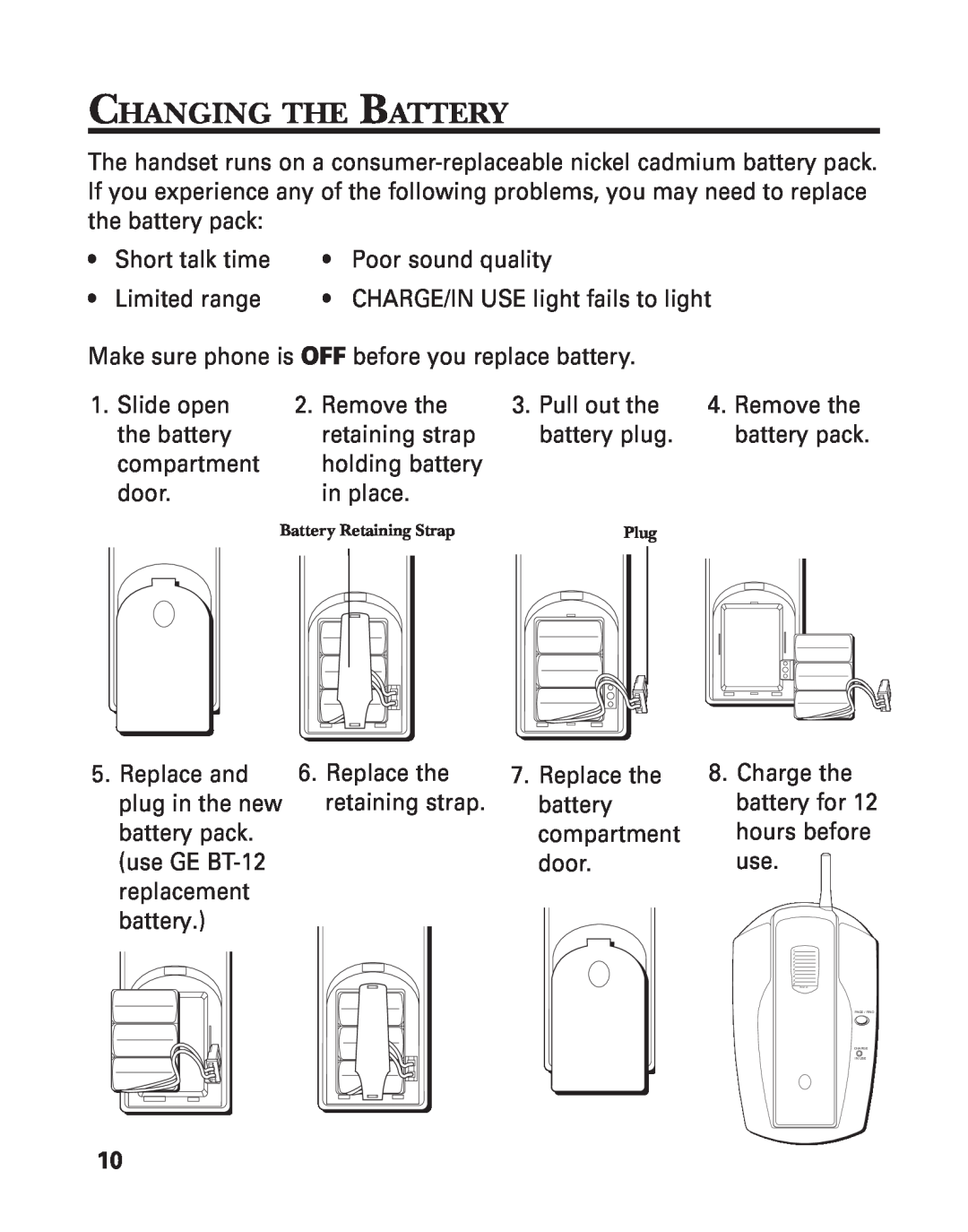 GE 2-9751, 2-9752, 2-9753 manual Changing The Battery, CHARGE/IN USE light fails to light 