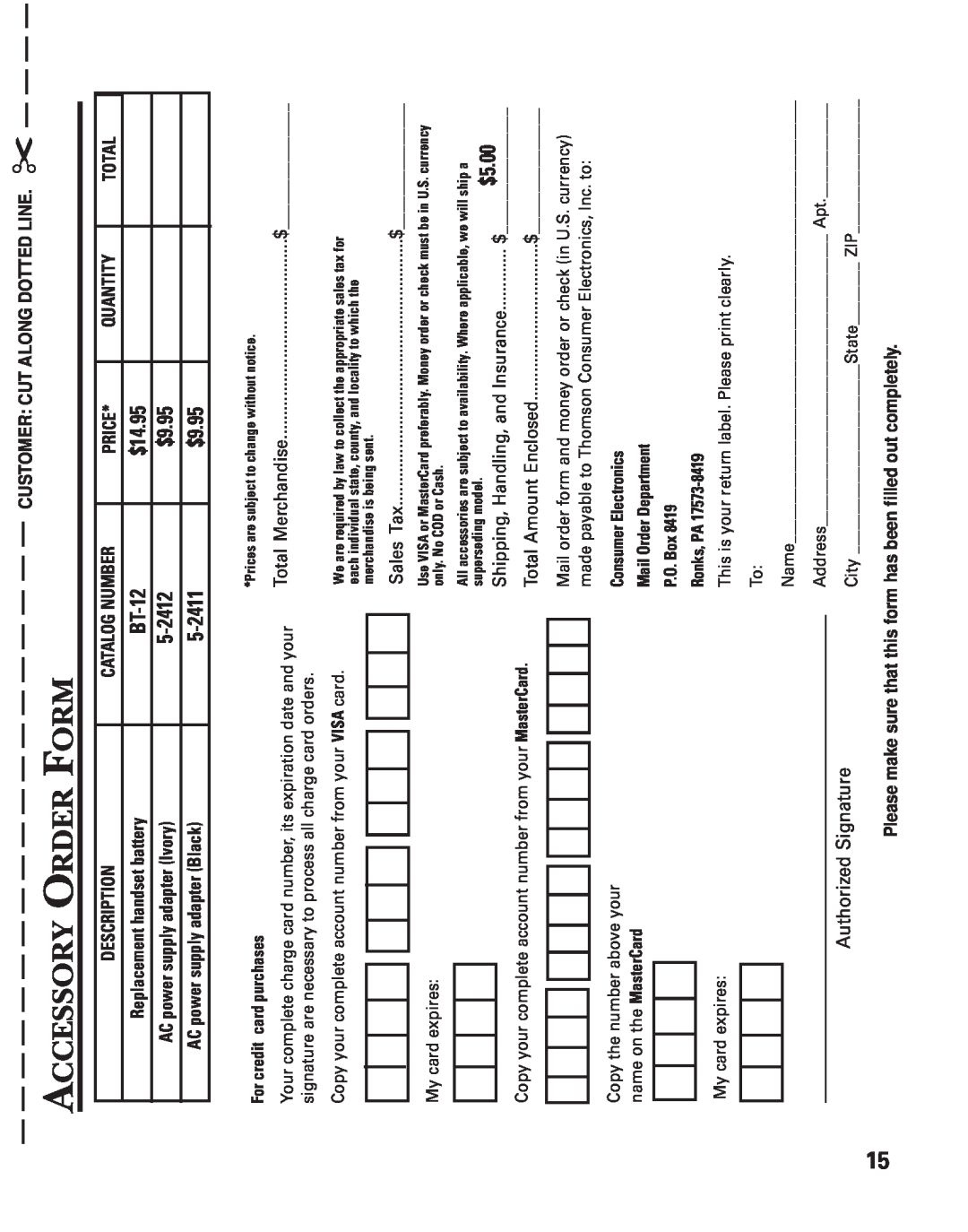 GE 2-9753 Accessory Order Form, BT-12, $14.95, 5-2412, $9.95, 5-2411, Signature Authorized, For credit card purchases 