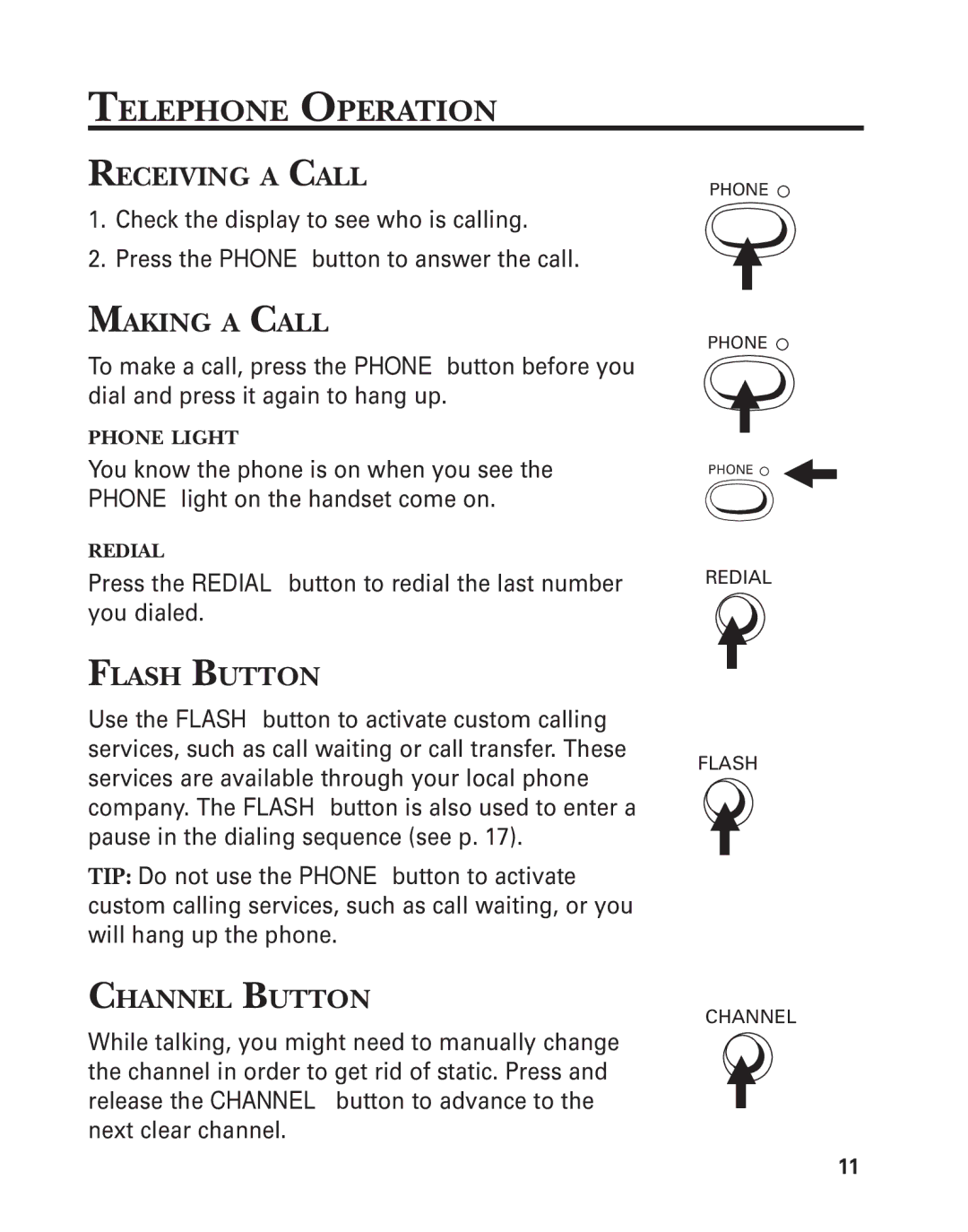 GE 2-9772 manual Telephone Operation, Receiving a Call, Making a Call, Flash Button, Channel Button 