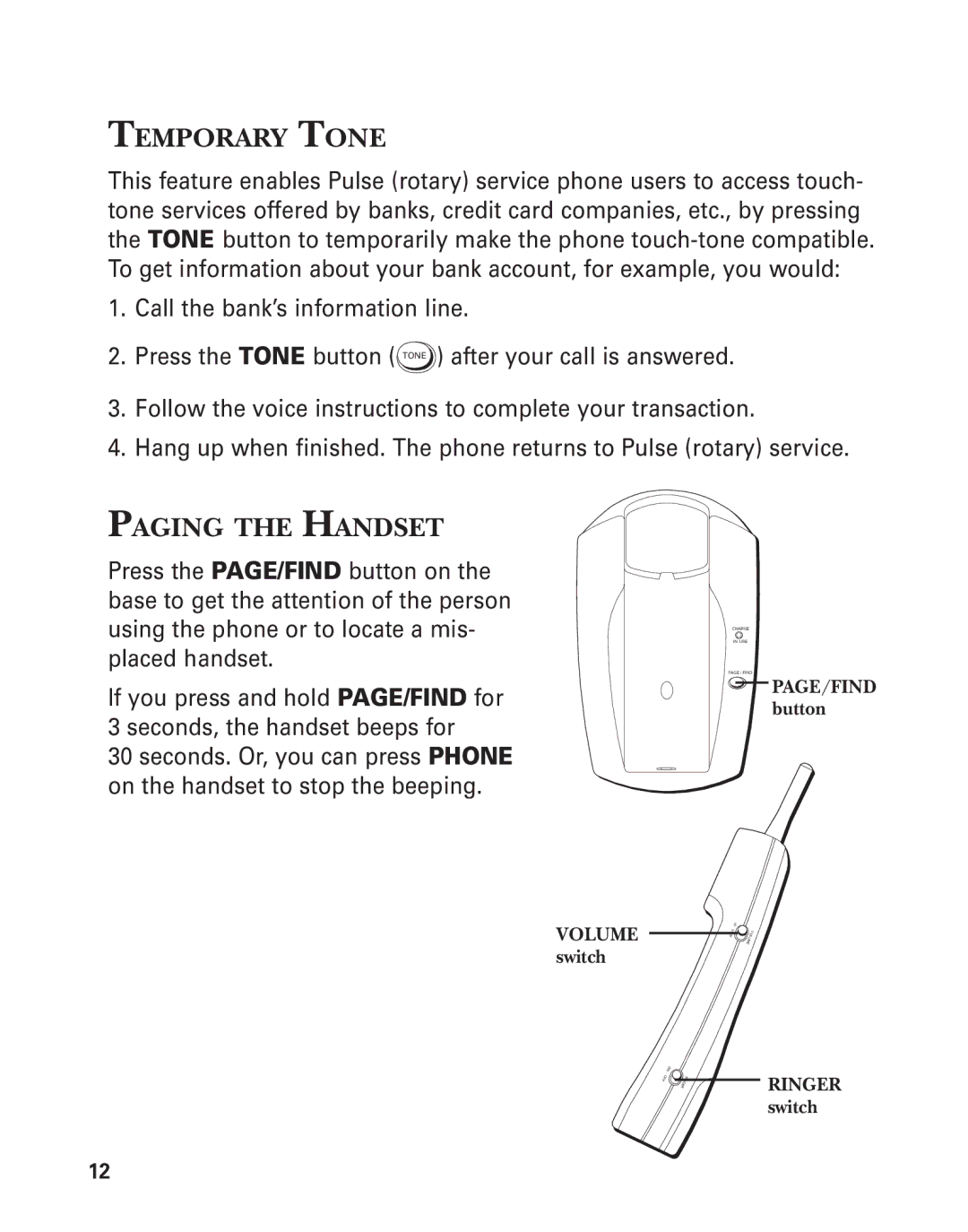 GE 2-9772 manual Temporary Tone, Paging the Handset 