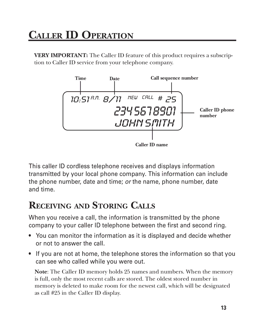 GE 2-9772 manual Caller ID Operation, Receiving and Storing Calls 