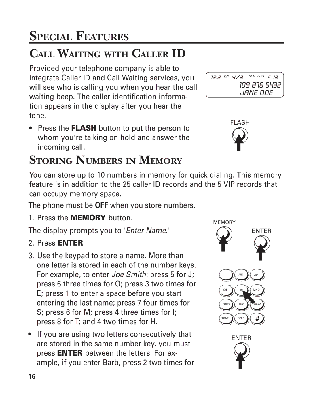 GE 2-9772 manual Special Features, Call Waiting with Caller ID, Storing Numbers in Memory 