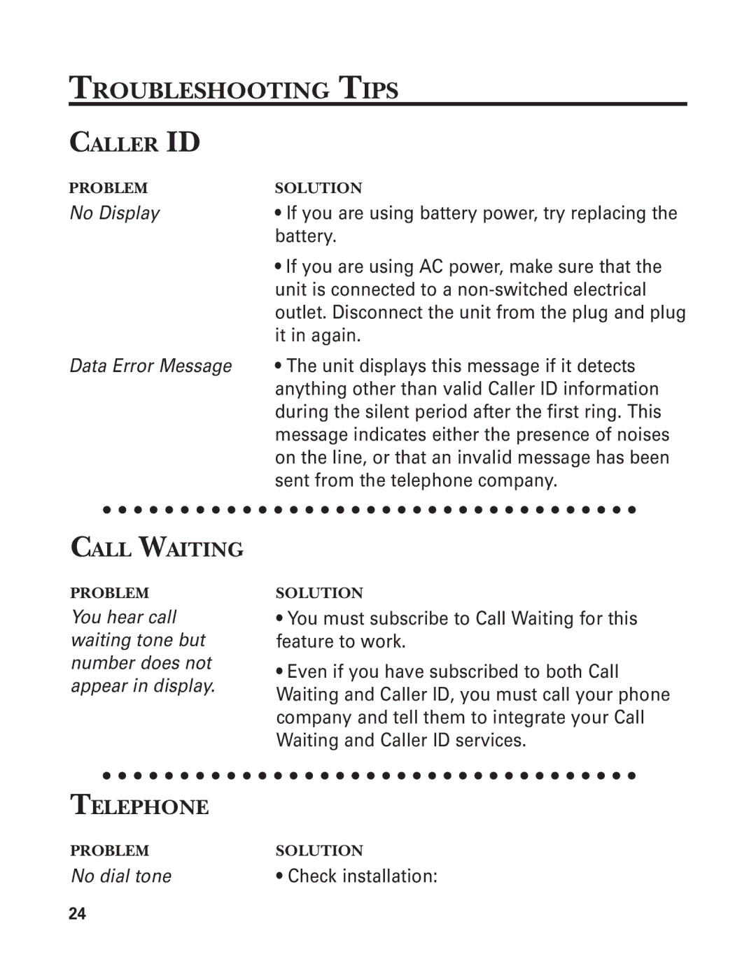 GE 2-9772 manual Troubleshooting Tips, Caller ID, Call Waiting, Telephone 