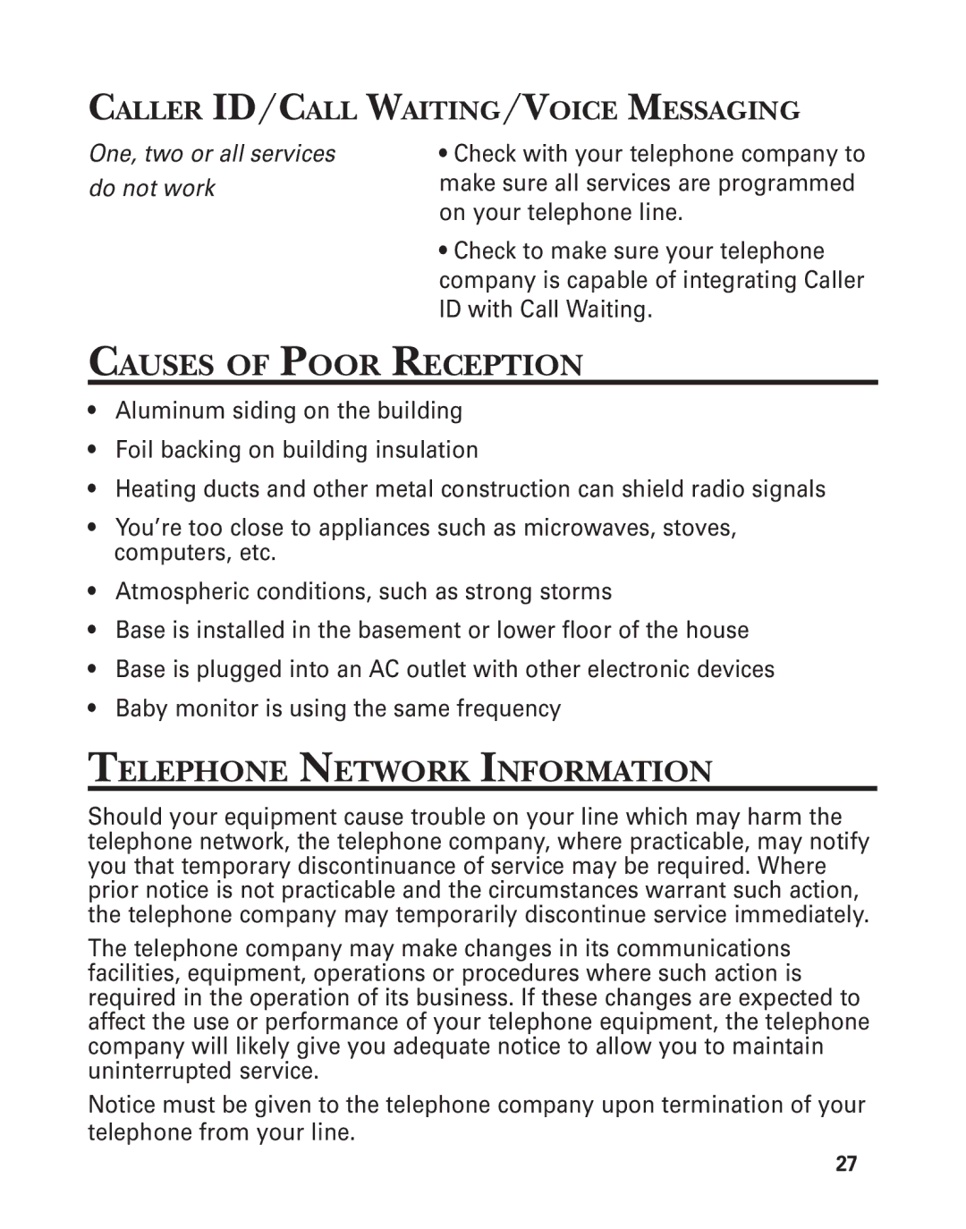 GE 2-9772 manual Causes of Poor Reception, Telephone Network Information, Caller ID/CALL WAITING/VOICE Messaging 