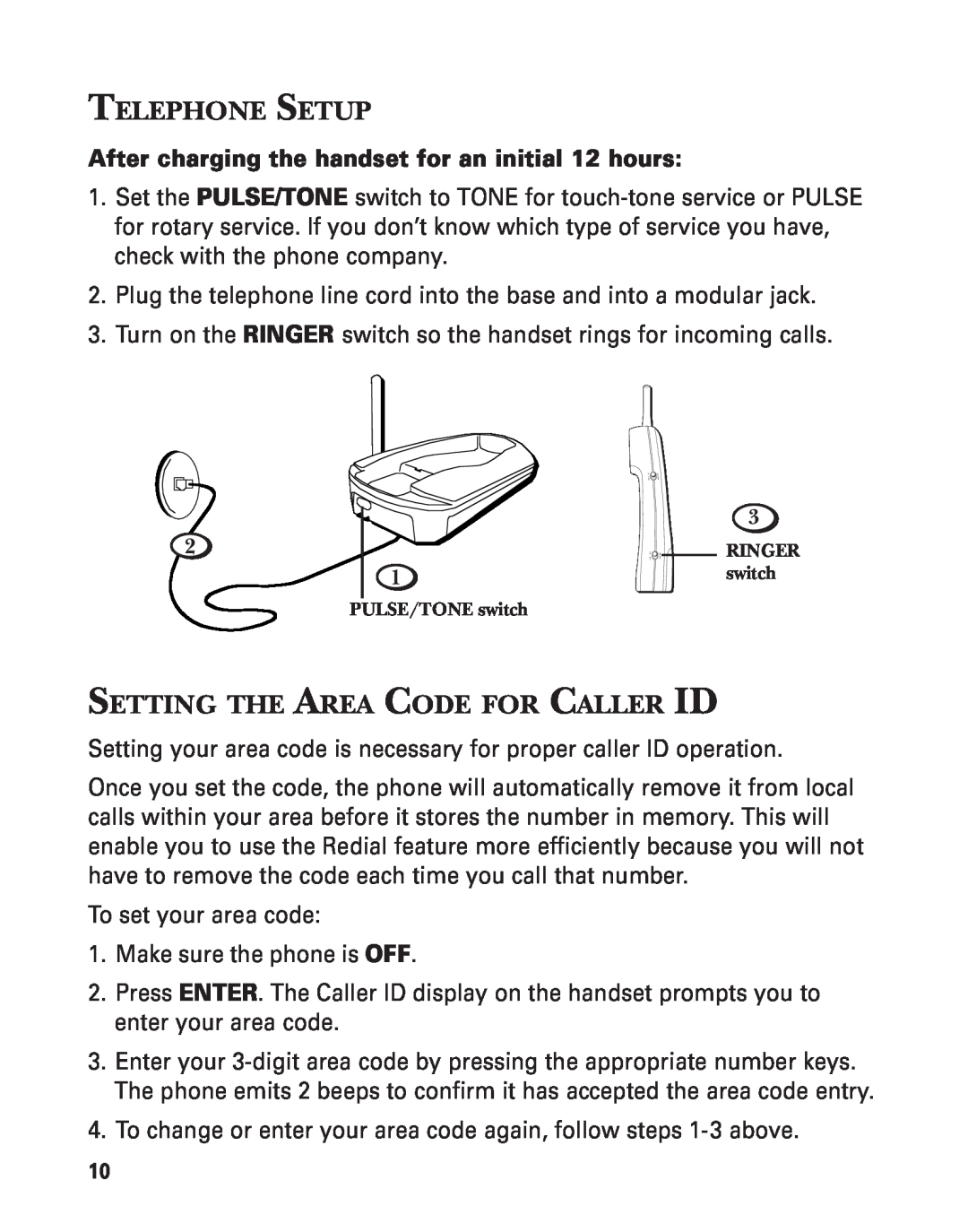 GE 2-9772 manual Telephone Setup, Setting The Area Code For Caller Id, After charging the handset for an initial 12 hours 
