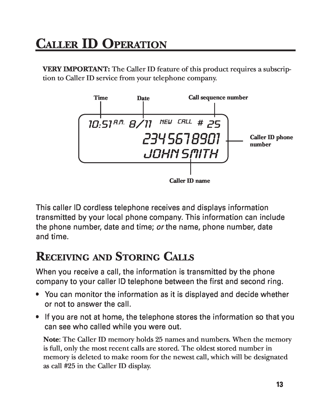 GE 2-9772 manual Caller Id Operation, Receiving And Storing Calls, 234 567, John Smith, 1051 A.M. 8/11 
