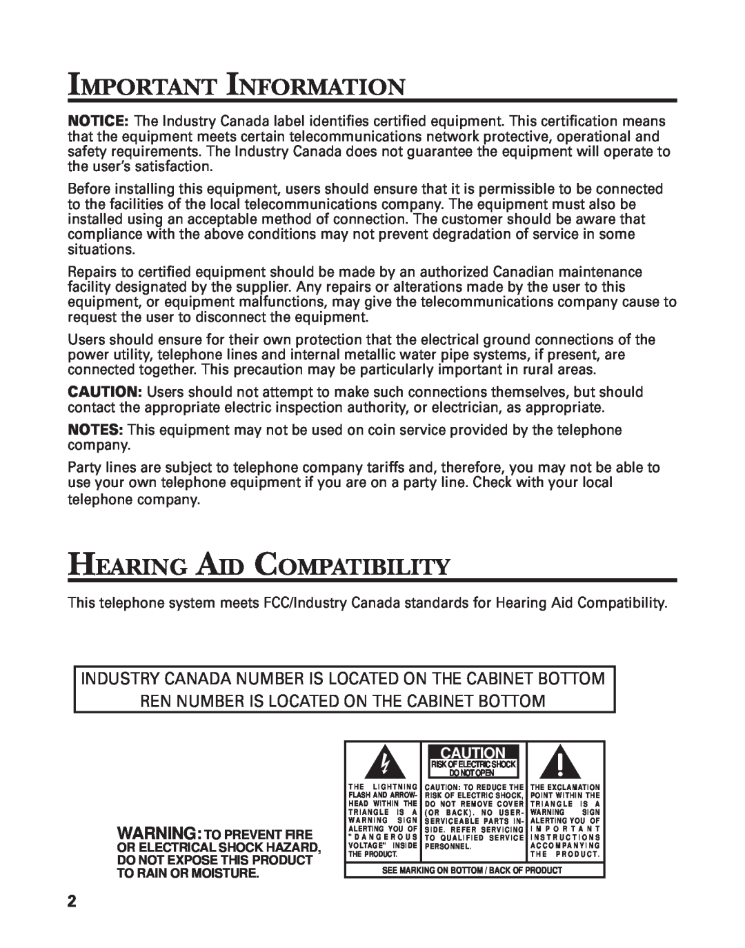 GE 2-9772 manual Important Information, Hearing Aid Compatibility, Industry Canada Number Is Located On The Cabinet Bottom 
