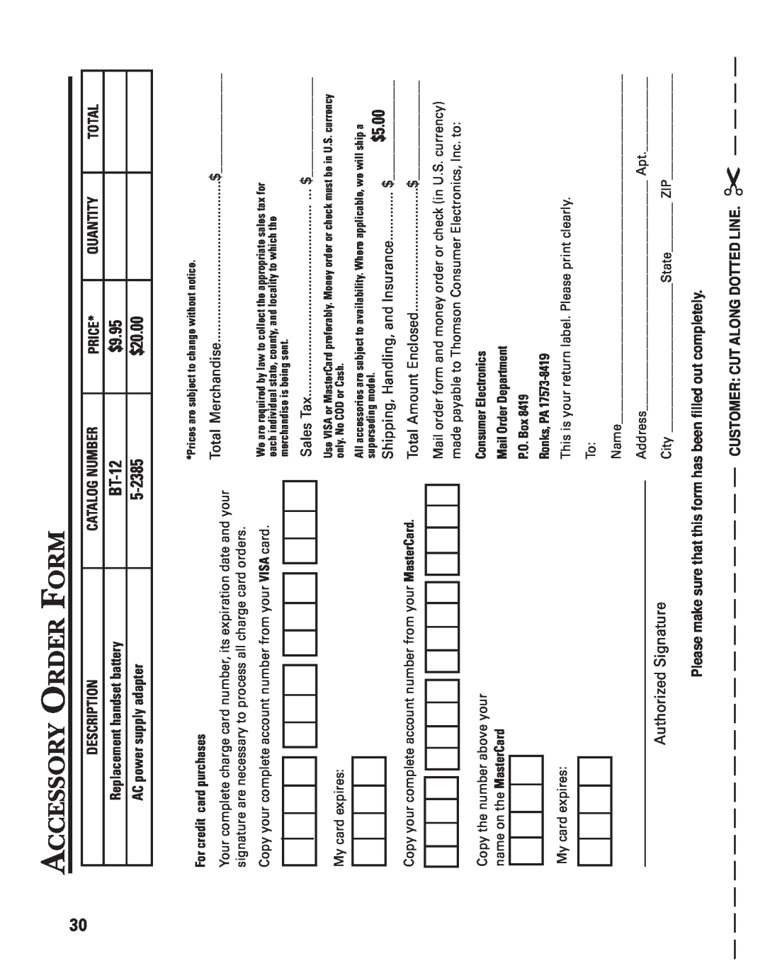 GE 2-9772 Accessory Order Form, $9.95, $20.00, Signature Authorized, Description, Catalog Number, Price, Quantity, Total 
