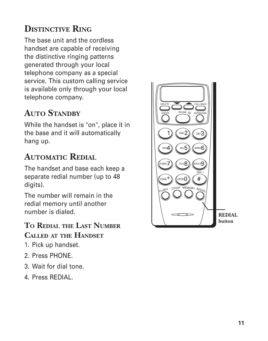 GE 2-9774 manual Distinctive Ring, Auto Standby, Automatic Redial 