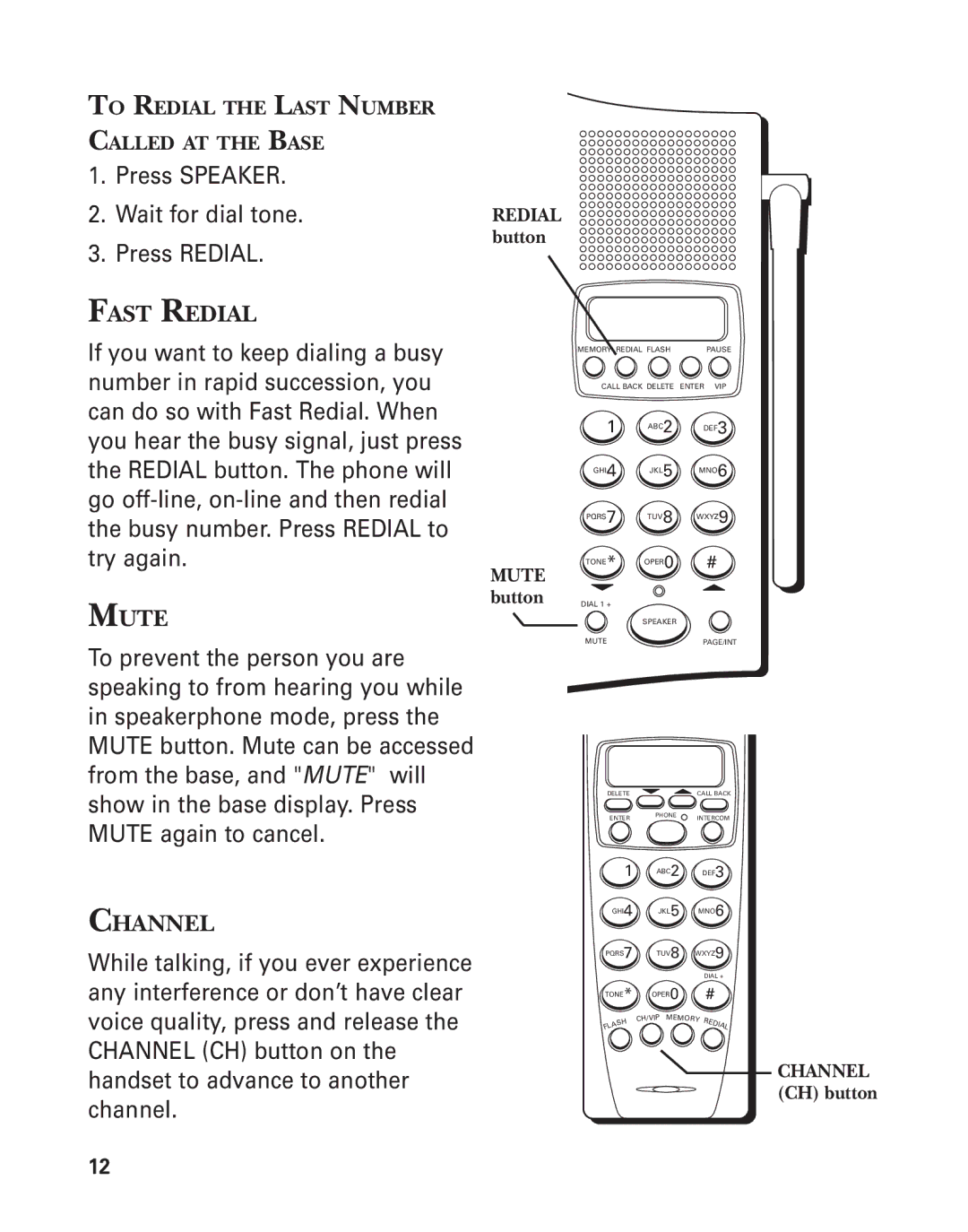 GE 2-9774 manual Fast Redial, Mute, Channel 