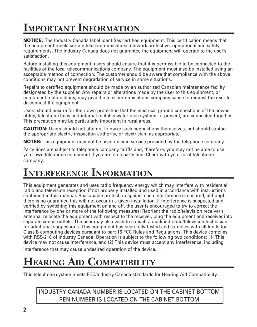 GE 2-9774 manual Important Information, Interference Information, Hearing AID Compatibility 