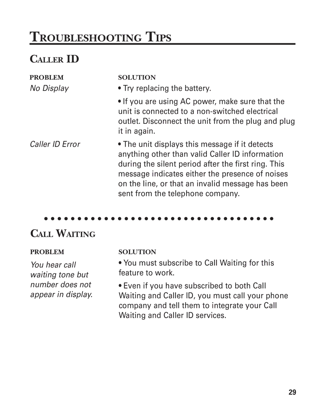 GE 2-9774 manual Troubleshooting Tips, Caller ID, Call Waiting 