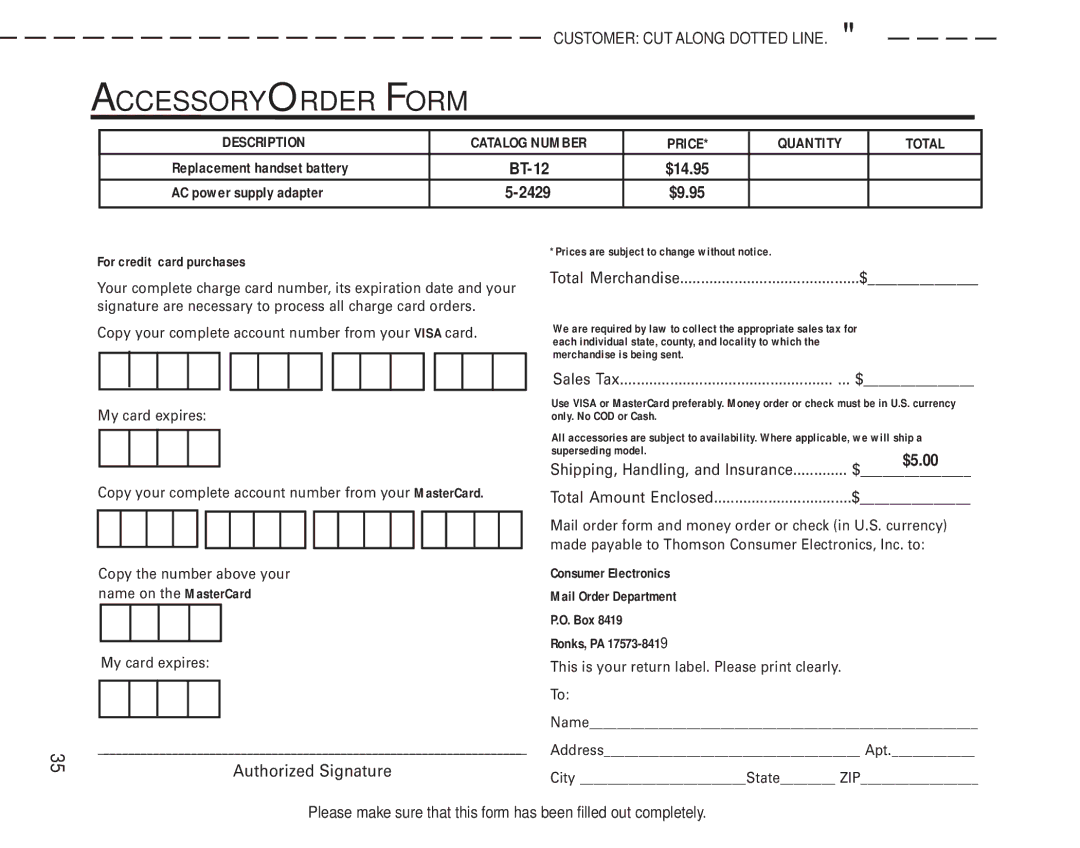 GE 2-9774 manual Accessory Order Form, $9.95 