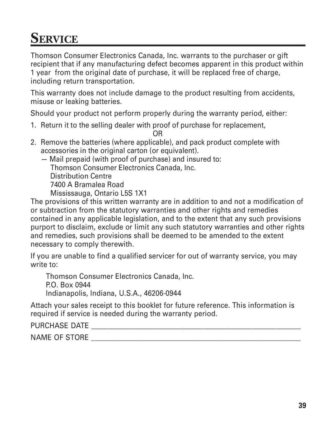 GE 2-9774 manual Service, Purchase Date Name of Store 