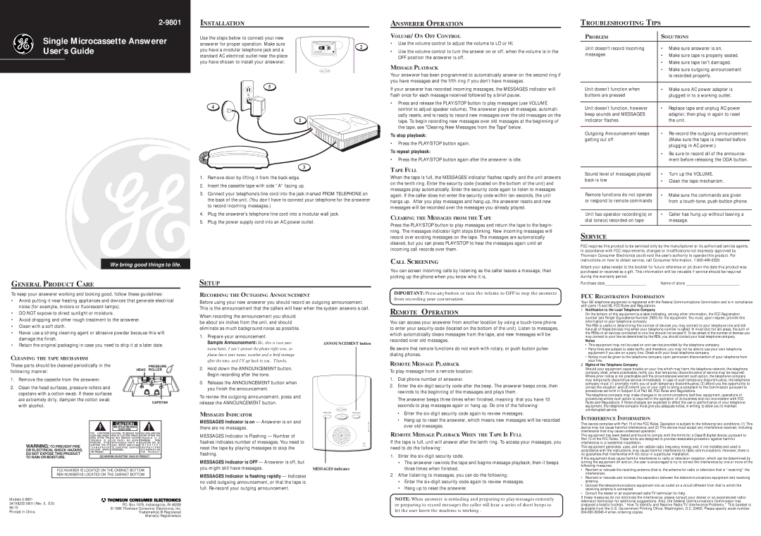 GE 2-9801 user service Installation, Answerer Operation, Troubleshooting Tips, Service, General Product Care, Setup 