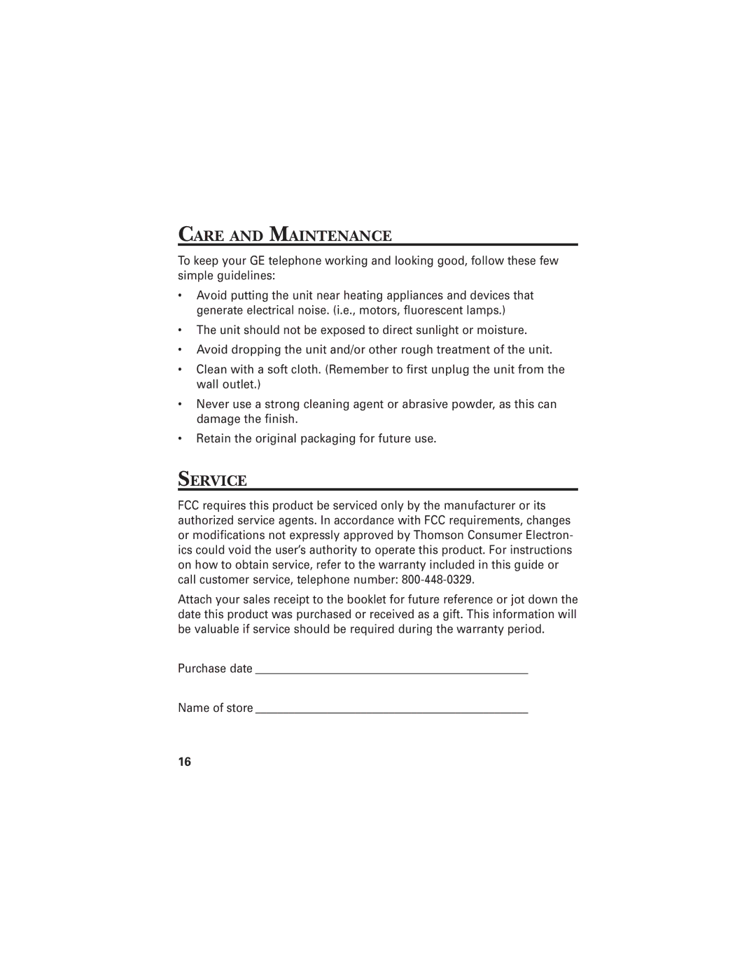 GE 2-9824, 343A6610-0001 warranty Care and Maintenance, Service 