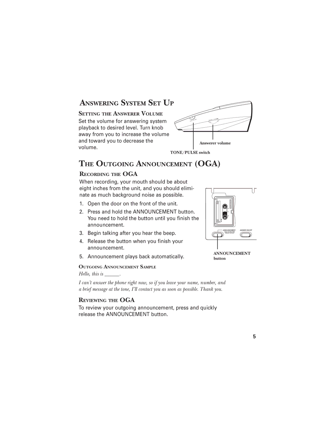 GE 343A6610-0001, 2-9824 warranty Answering System SET UP, Outgoing Announcement OGA 