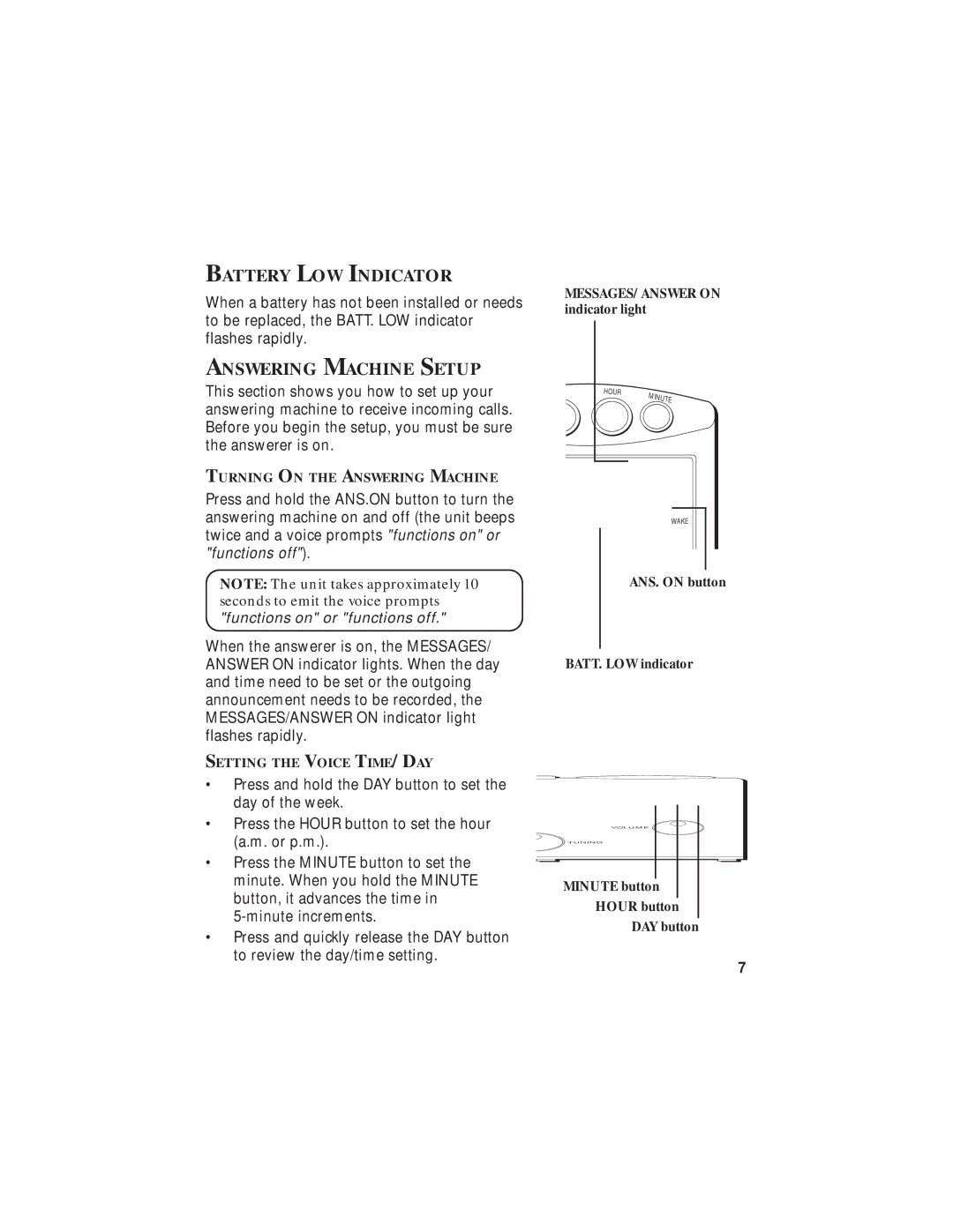 GE 2-9827 manual Battery LOW Indicator, Answering Machine Setup 