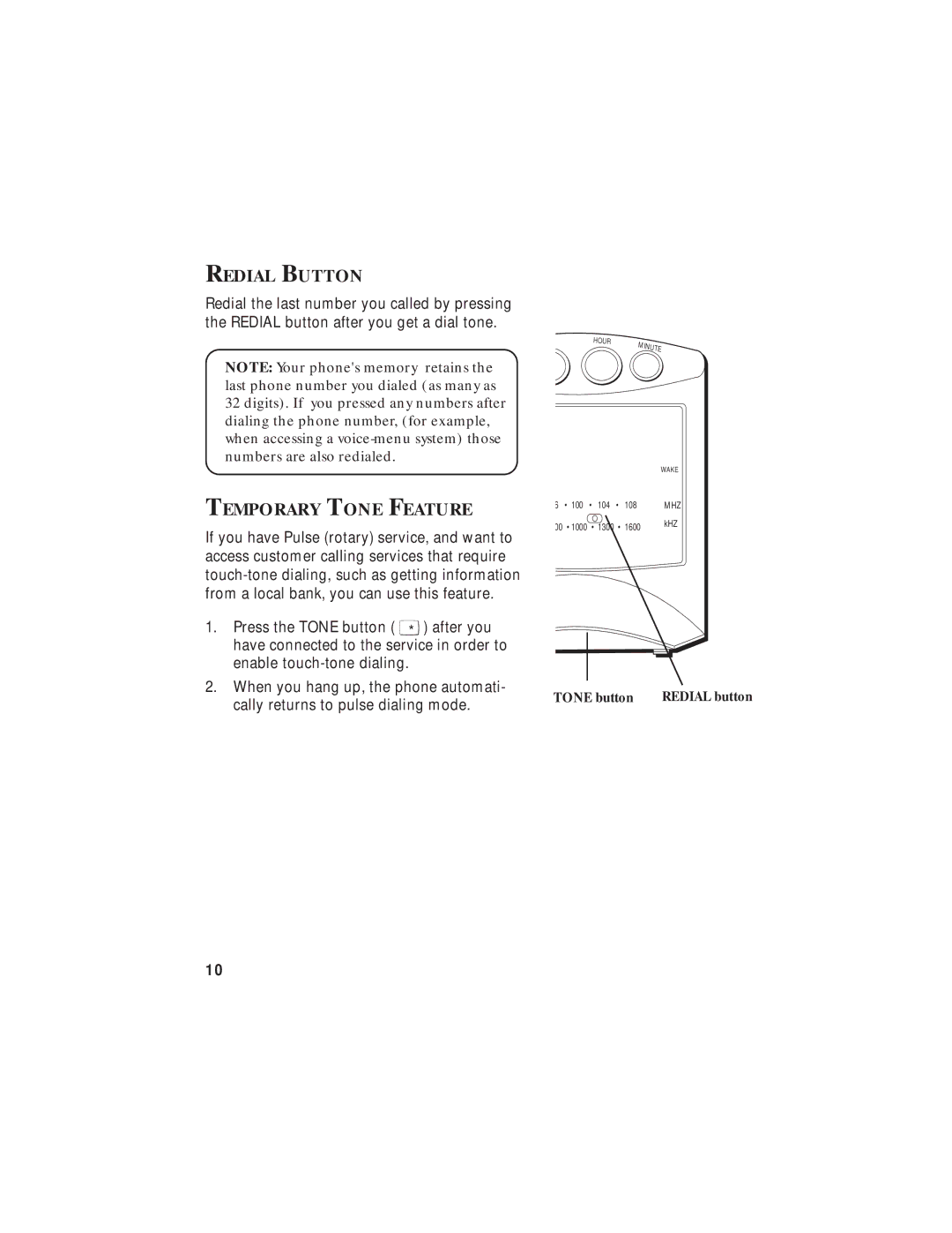 GE 2-9827 manual Redial Button, Temporary Tone Feature 