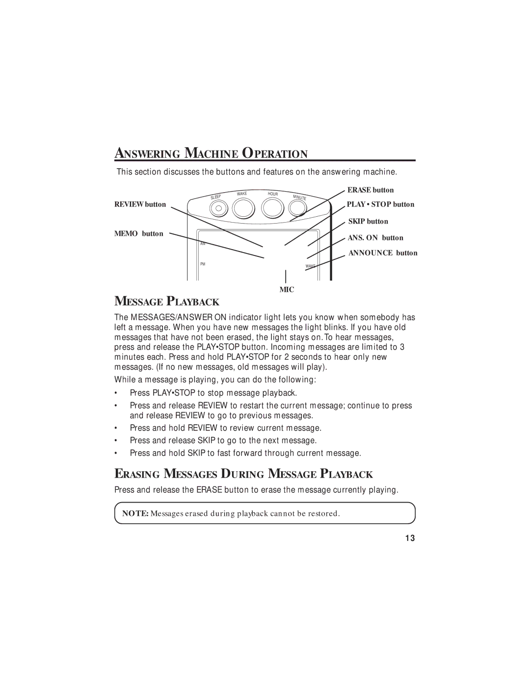 GE 2-9827 manual Answering Machine Operation, Erasing Messages During Message Playback 