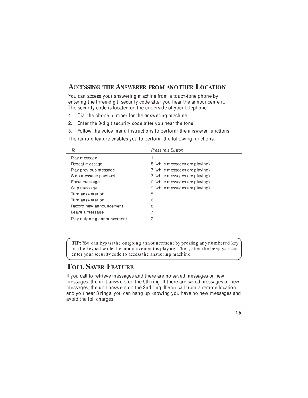 GE 2-9827 manual Accessing the Answerer from Another Location, Toll Saver Feature 