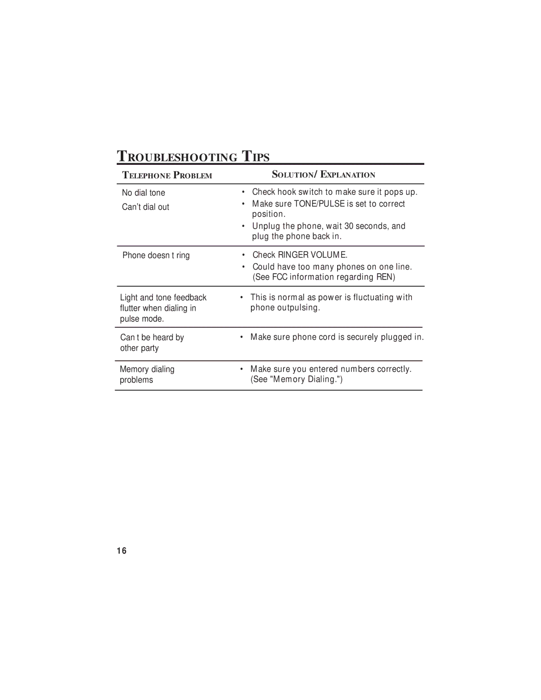 GE 2-9827 manual Troubleshooting Tips, No dial tone Cant dial out 