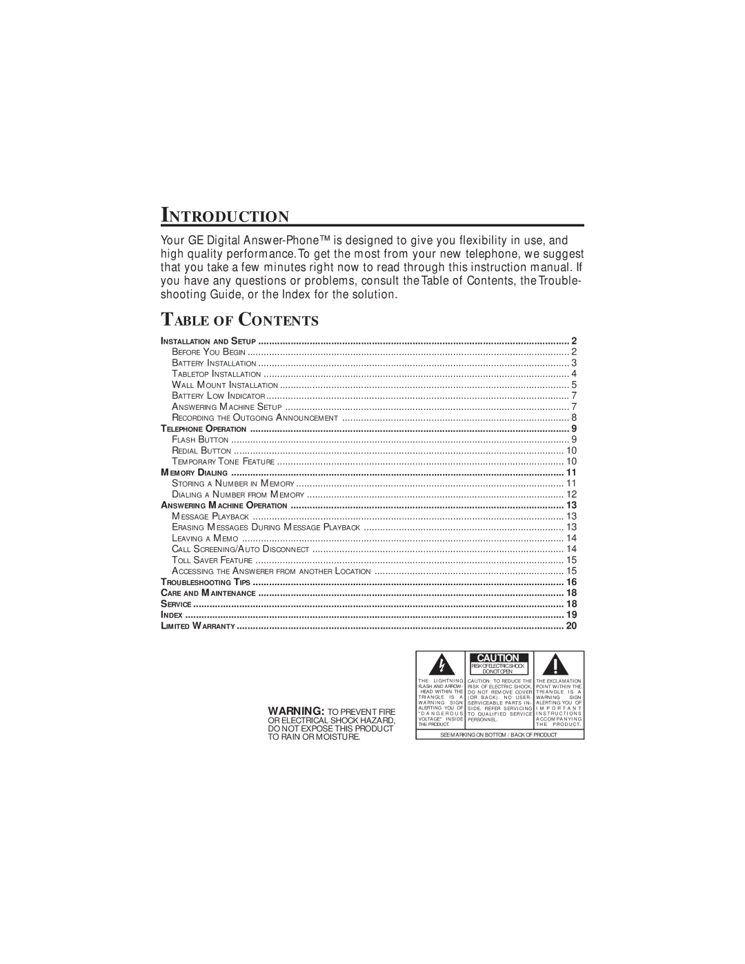 GE 2-9827 manual Introduction, Table of Contents 