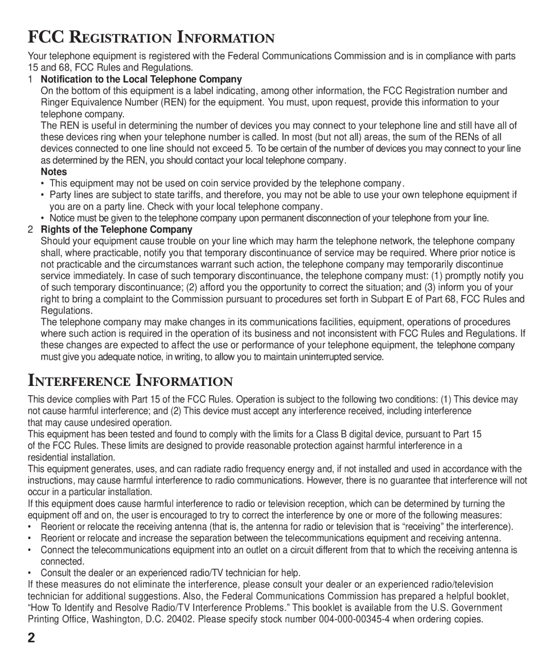 GE 2-9868 manual FCC Registration Information, Interference Information 