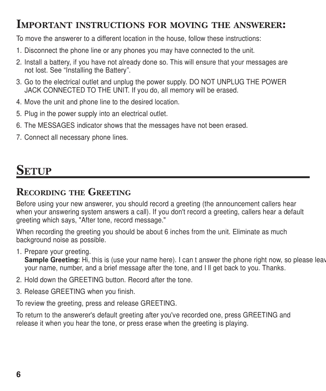 GE 2-9868 manual Setup, Recording the Greeting 