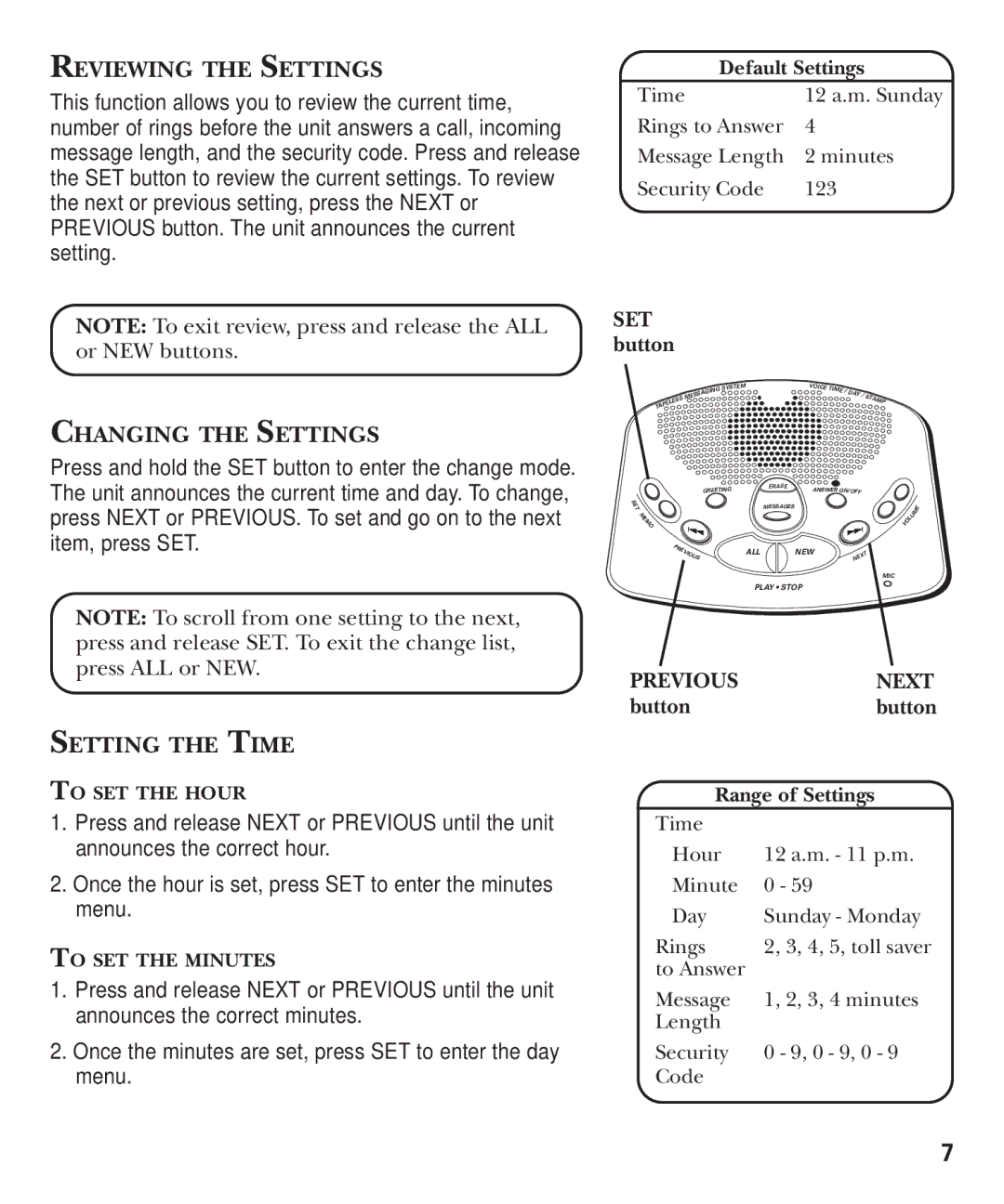 GE 2-9868 manual Reviewing the Settings, Changing the Settings, Setting the Time, Previous Next 