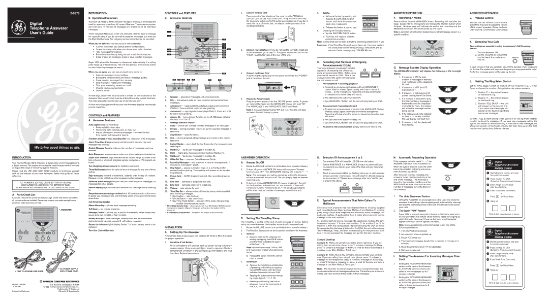 GE 2-9876 warranty Controls and Features, Operational Summary Answerer Controls, Recording a Memo, Volume Control 