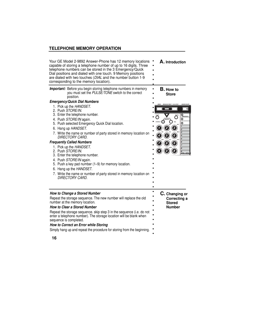 GE 2-9892 manual Telephone Memory Operation 