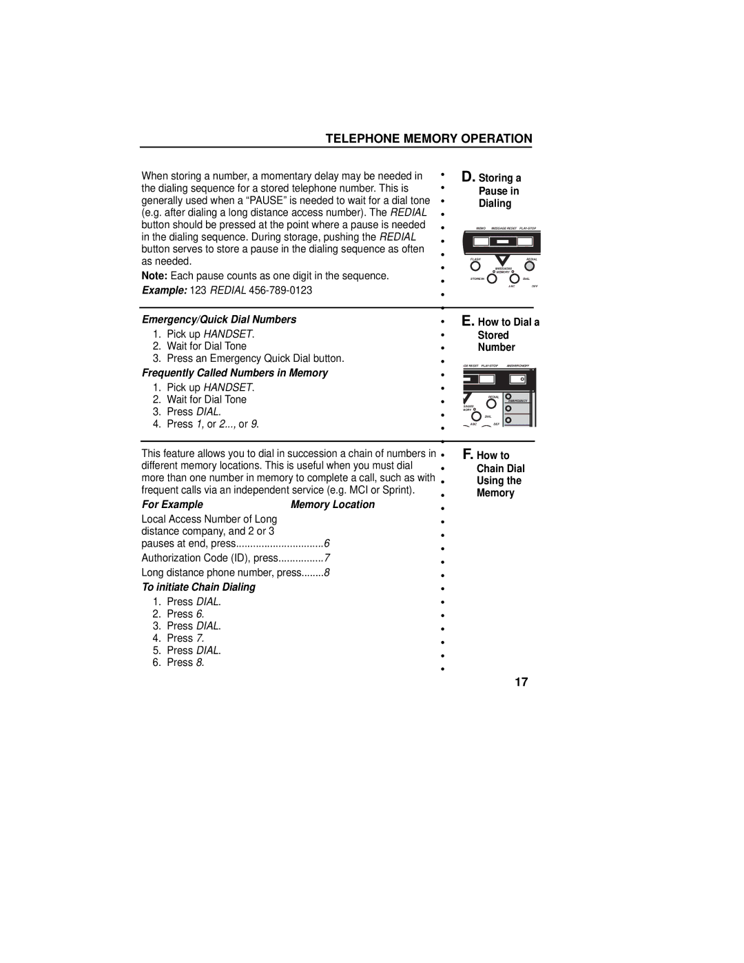 GE 2-9892 manual Frequently Called Numbers in Memory, For Example Memory Location, To initiate Chain Dialing 