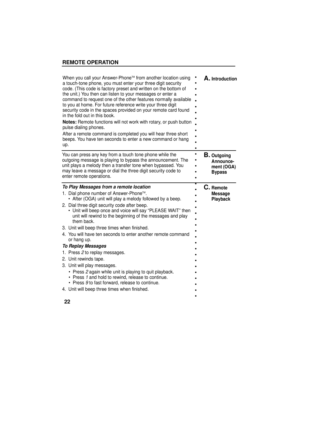 GE 2-9892 manual Remote Operation, To Play Messages from a remote location, To Replay Messages 