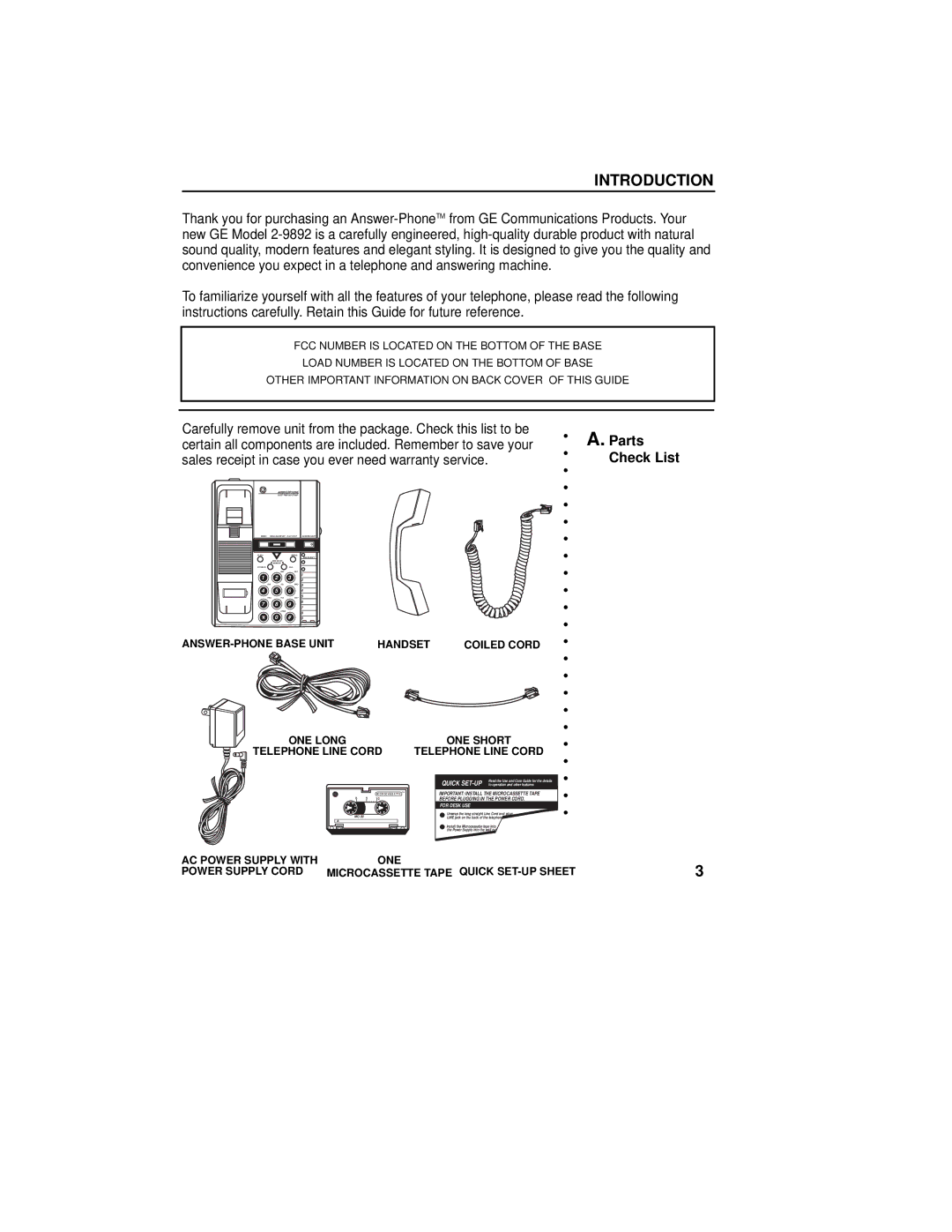 GE 2-9892 manual Introduction, Parts Check List 