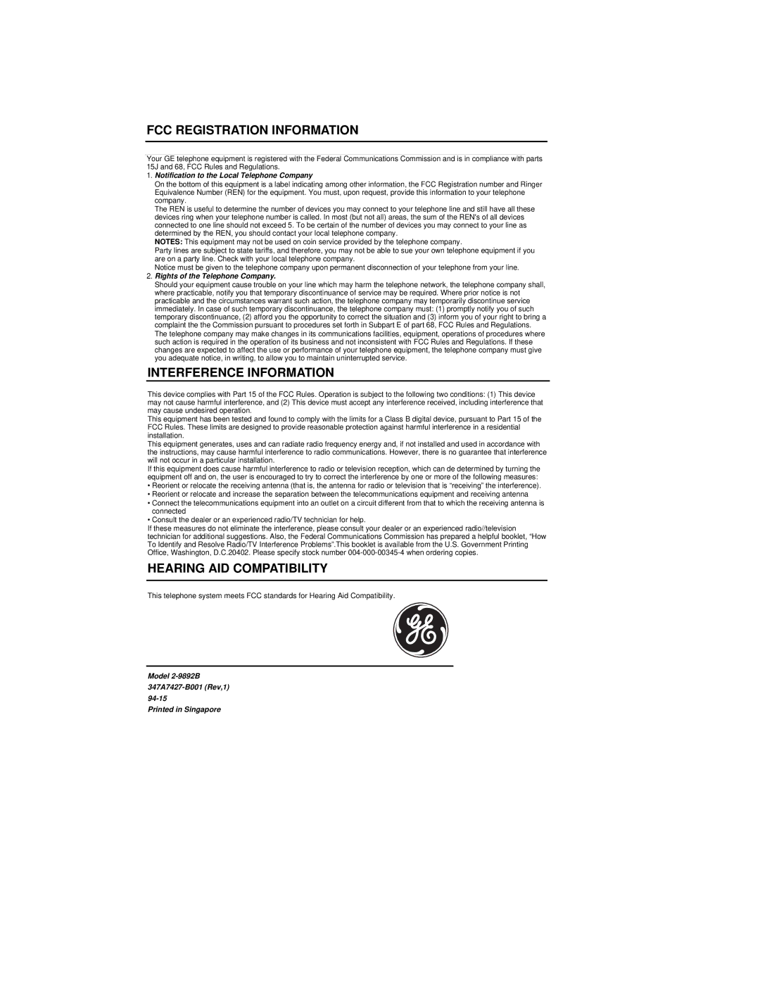 GE 2-9892 manual FCC Registration Information, Interference Information, Hearing AID Compatibility 