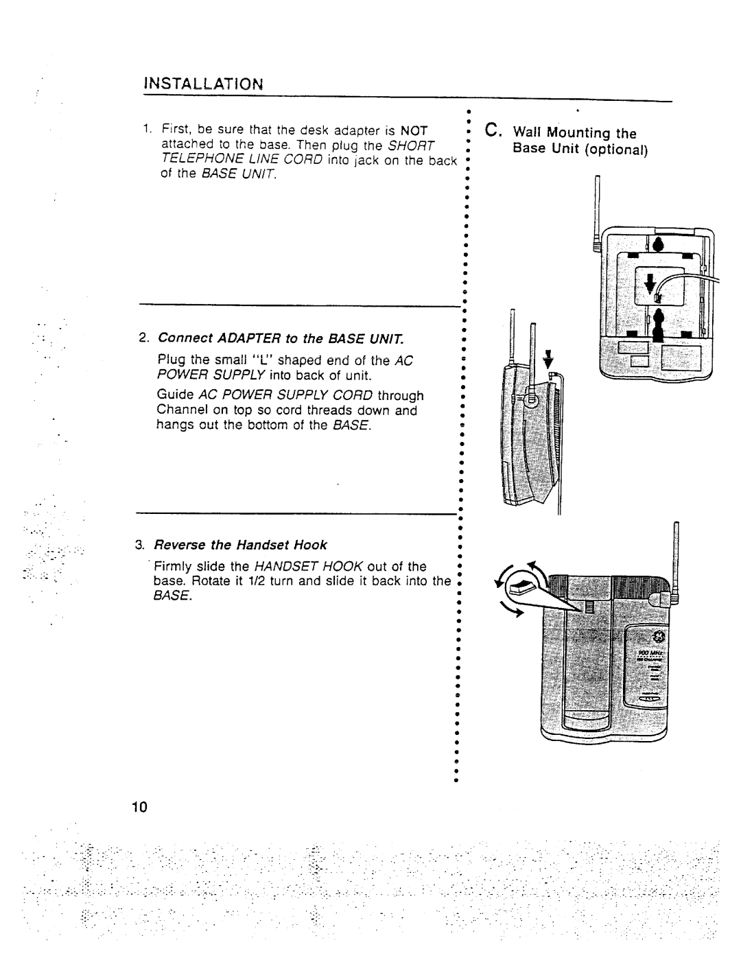 GE 2-9910 manual Wall Mouting, Connect Adapter to the Base Uniz, Reveme the Handset Hook 