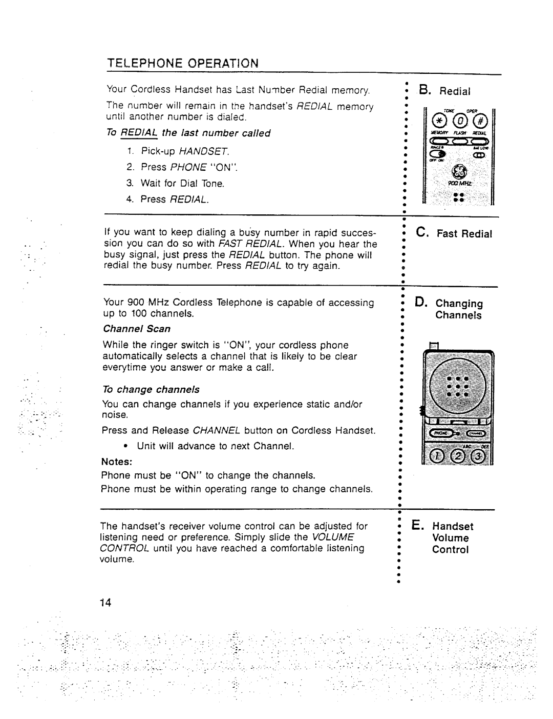 GE 2-9910 manual Telephone Operation, Fast ~edial, Channels Handset, To Redial the last number called 