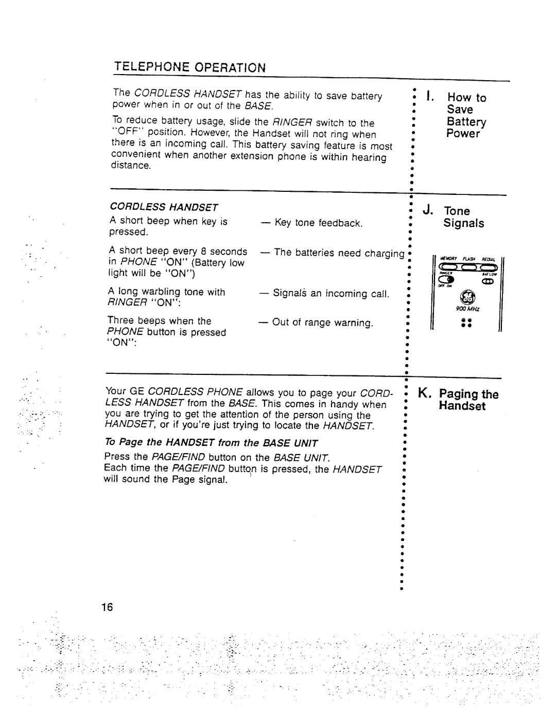 GE 2-9910 manual Power, To Page the Handset from the Base Unit 