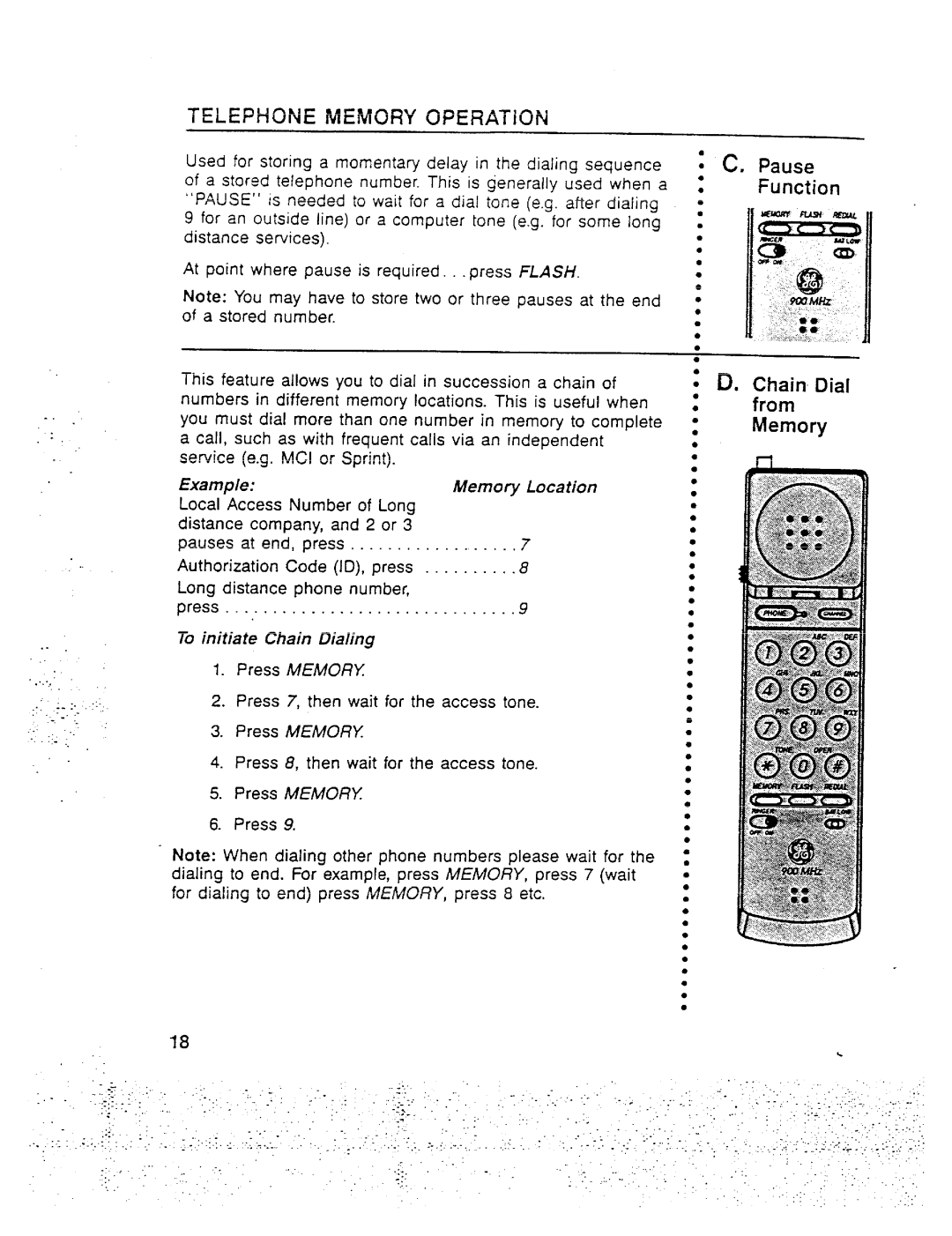 GE 2-9910 manual Telephone Memory OPERAT~ON, Example Memo~ Location, To initiate Chain Dialing 