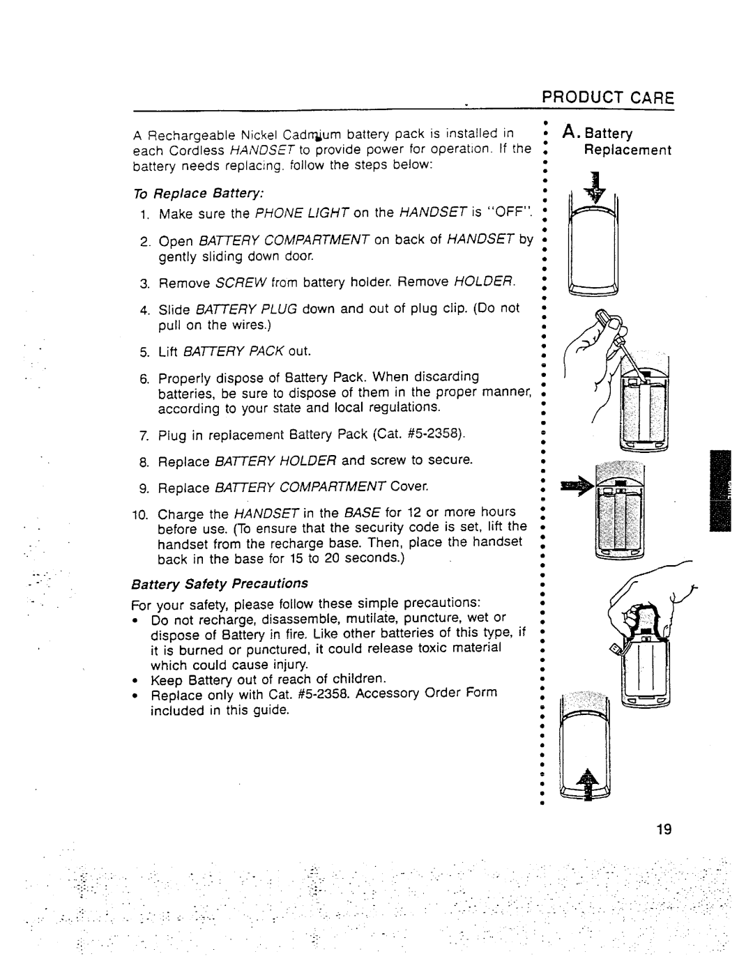 GE 2-9910 manual Product Care, Batte~ Safety Precautions 