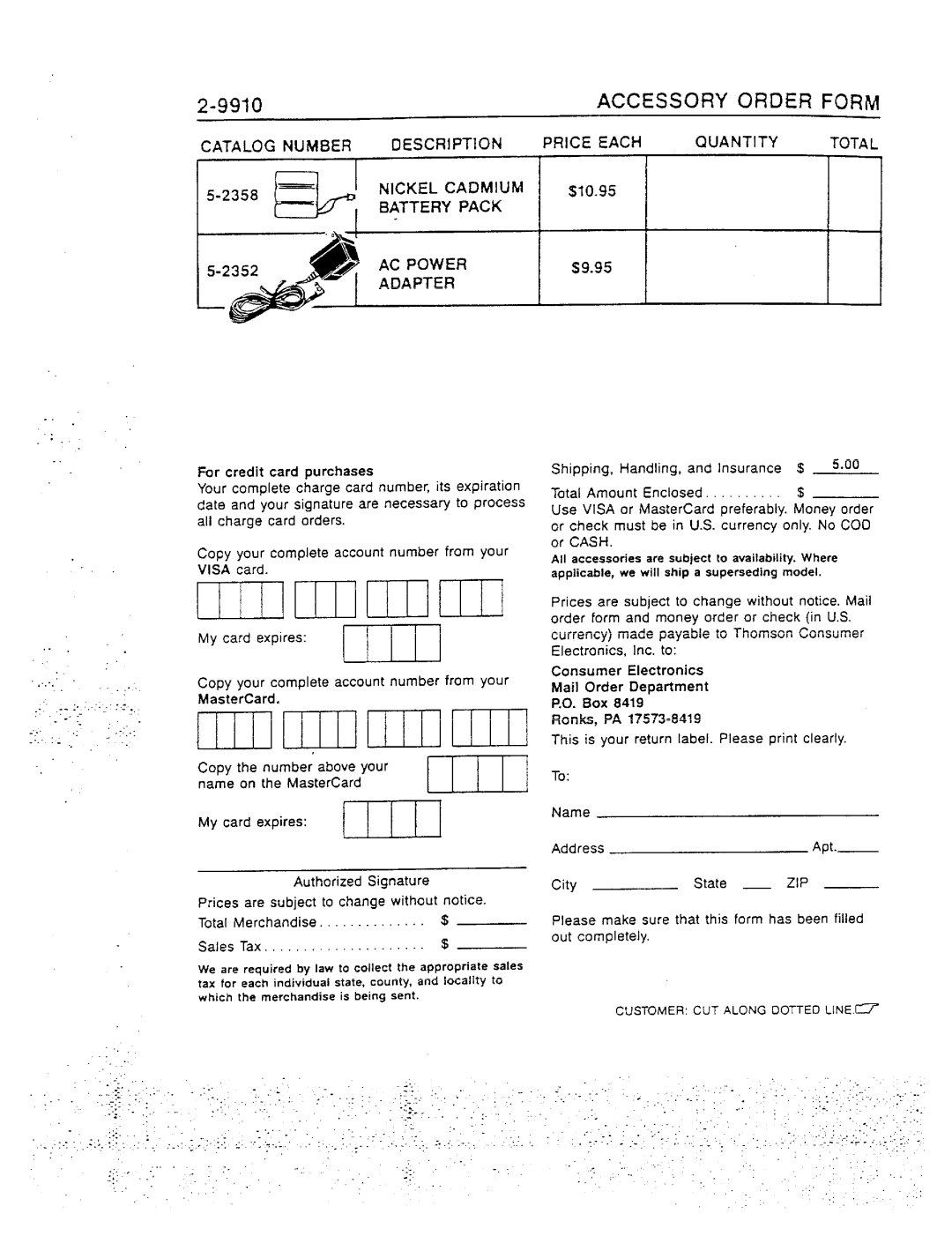 GE 2-9910 manual Accessory O~DER Form, Catalog Number 