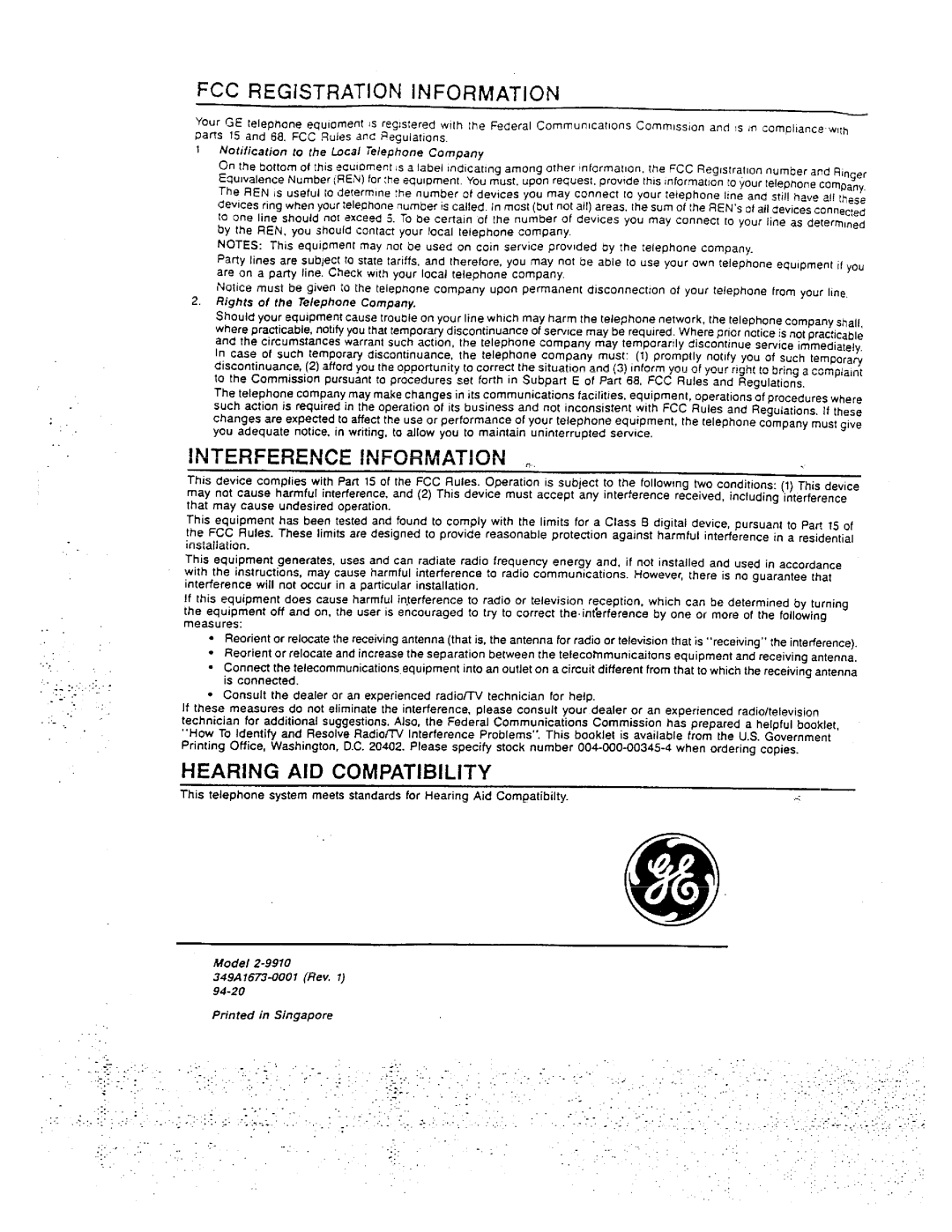 GE 2-9910 manual Interference Information, Hearing AID Compatibility 