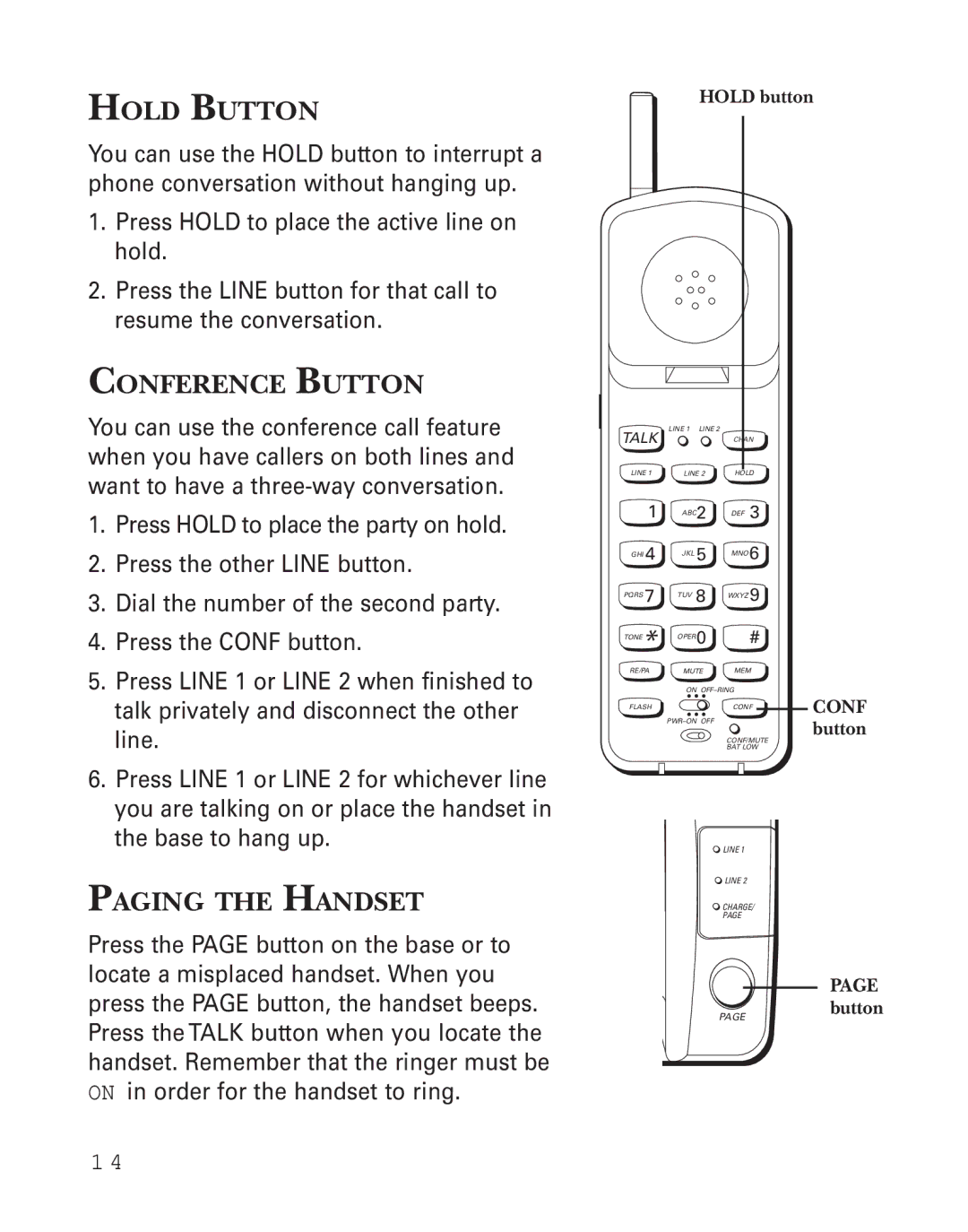 GE 2-9926 manual Hold Button, Conference Button, Paging the Handset 