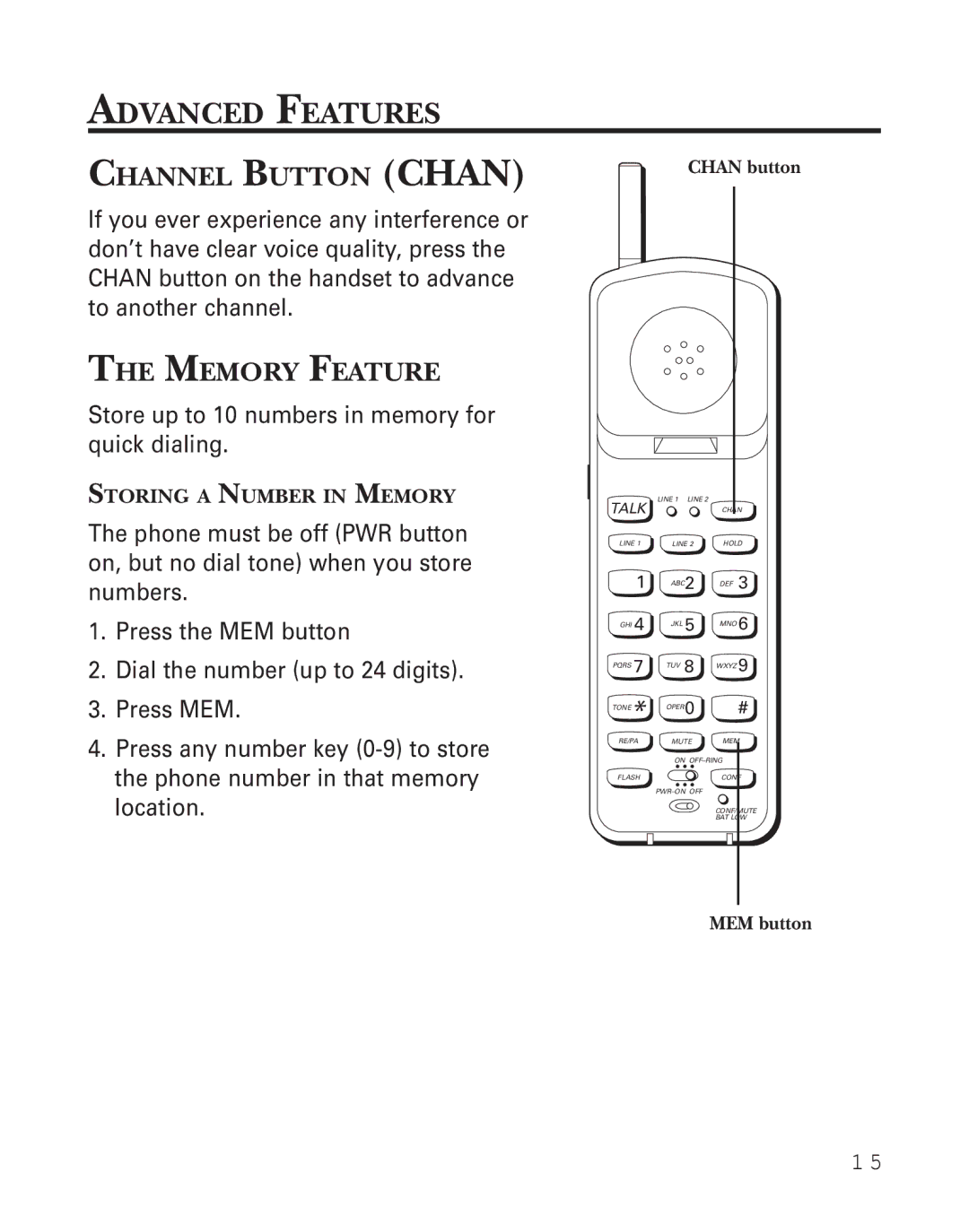 GE 2-9926 manual Advanced Features, Channel Button Chan, Memory Feature 