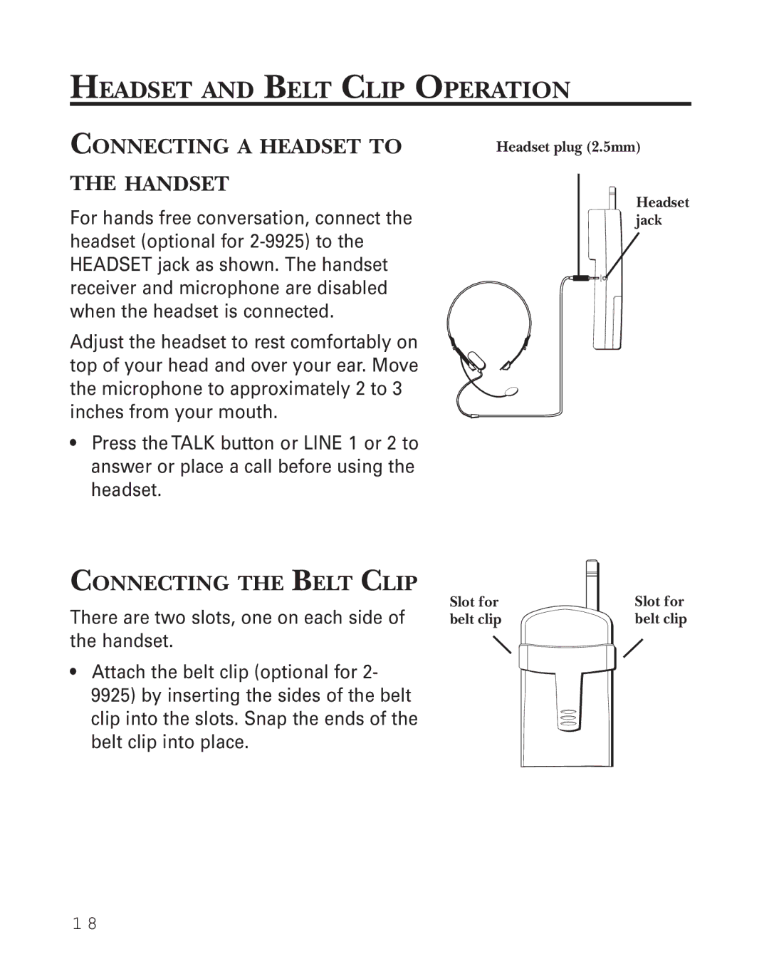 GE 2-9926 manual Headset and Belt Clip Operation, Connecting a Headset to Handset, Connecting the Belt Clip 