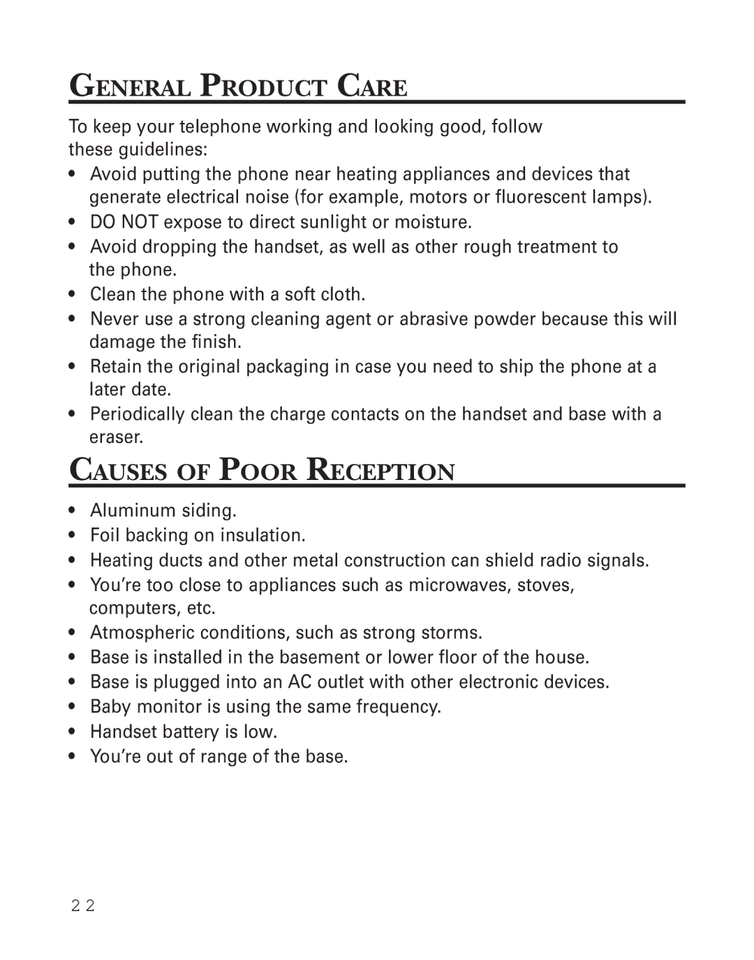 GE 2-9926 manual General Product Care, Causes of Poor Reception 